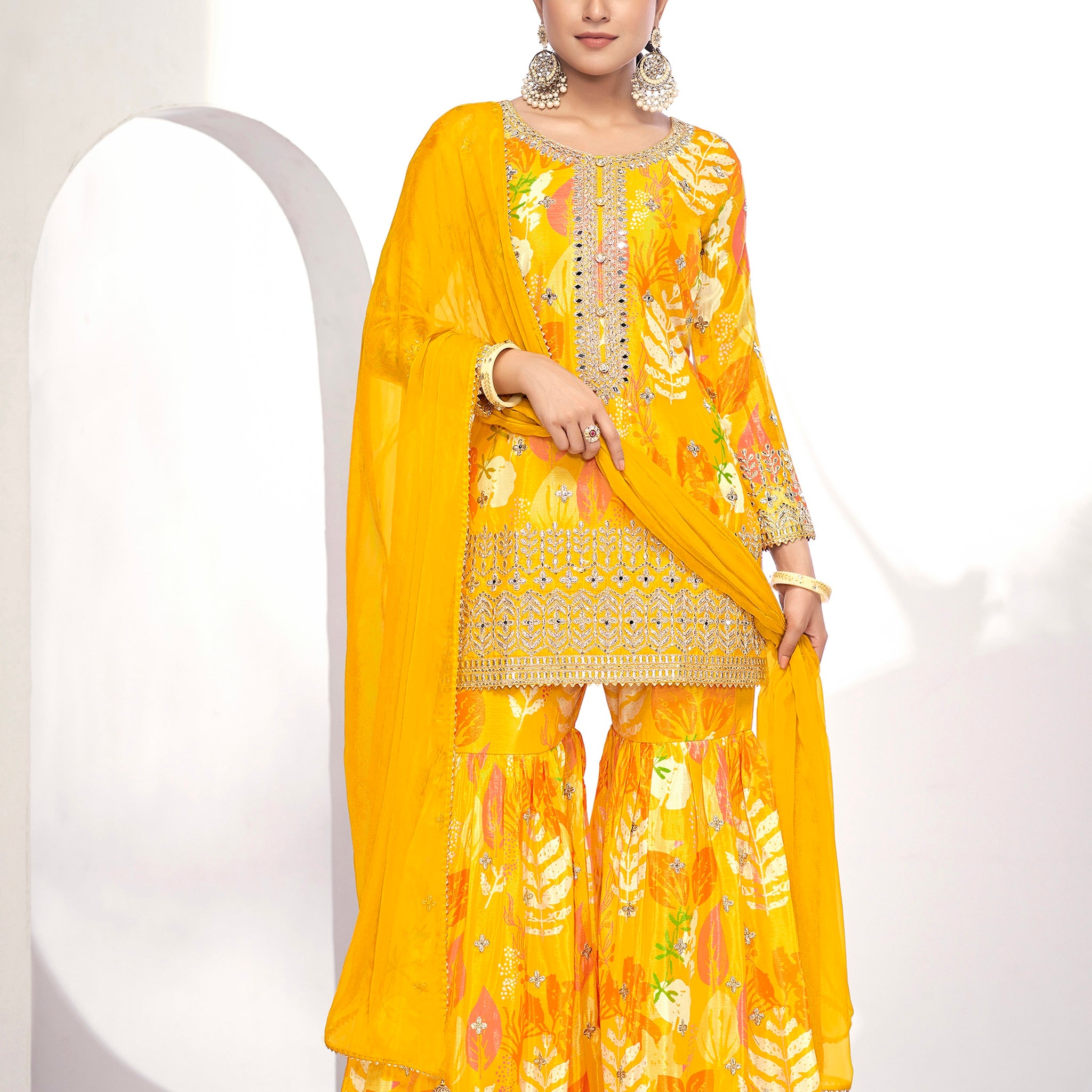 Yellow Festive Sharara Suit with Embroidery & Digital Print