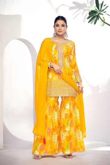 Yellow Festive Sharara Suit with Embroidery & Digital Print