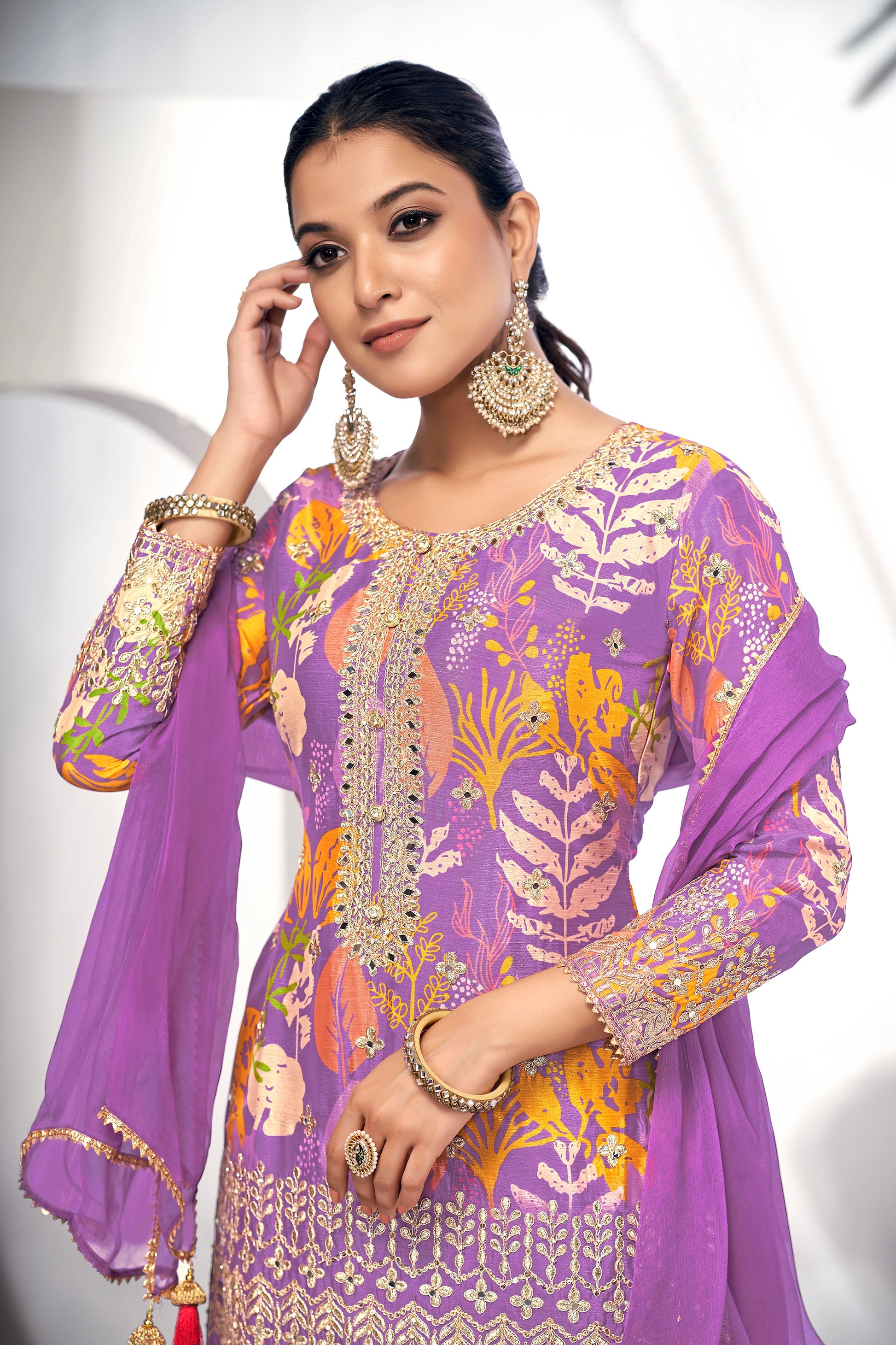 Purple Festive Sharara Suit with Embroidery & Digital Print