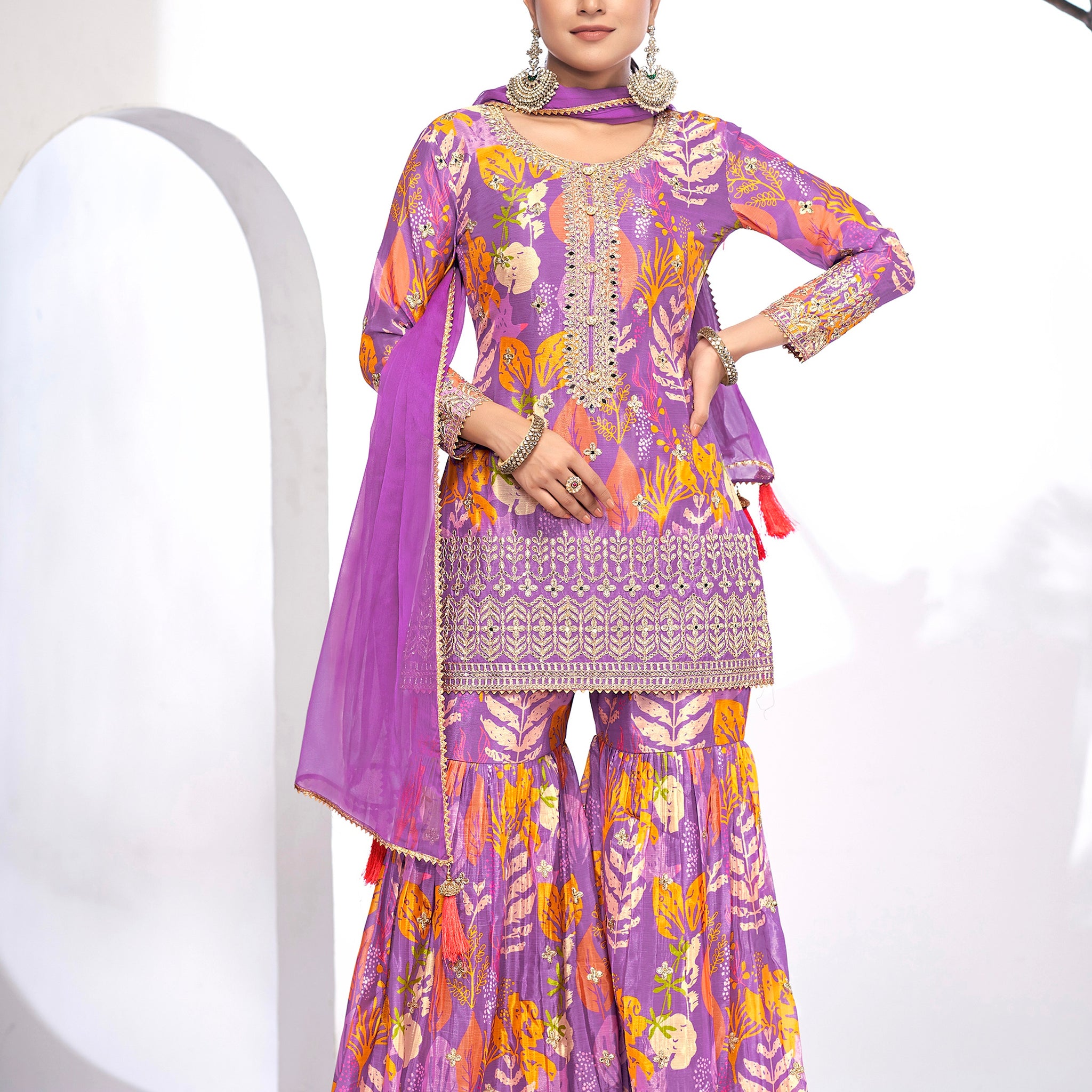 Purple Festive Sharara Suit with Embroidery & Digital Print