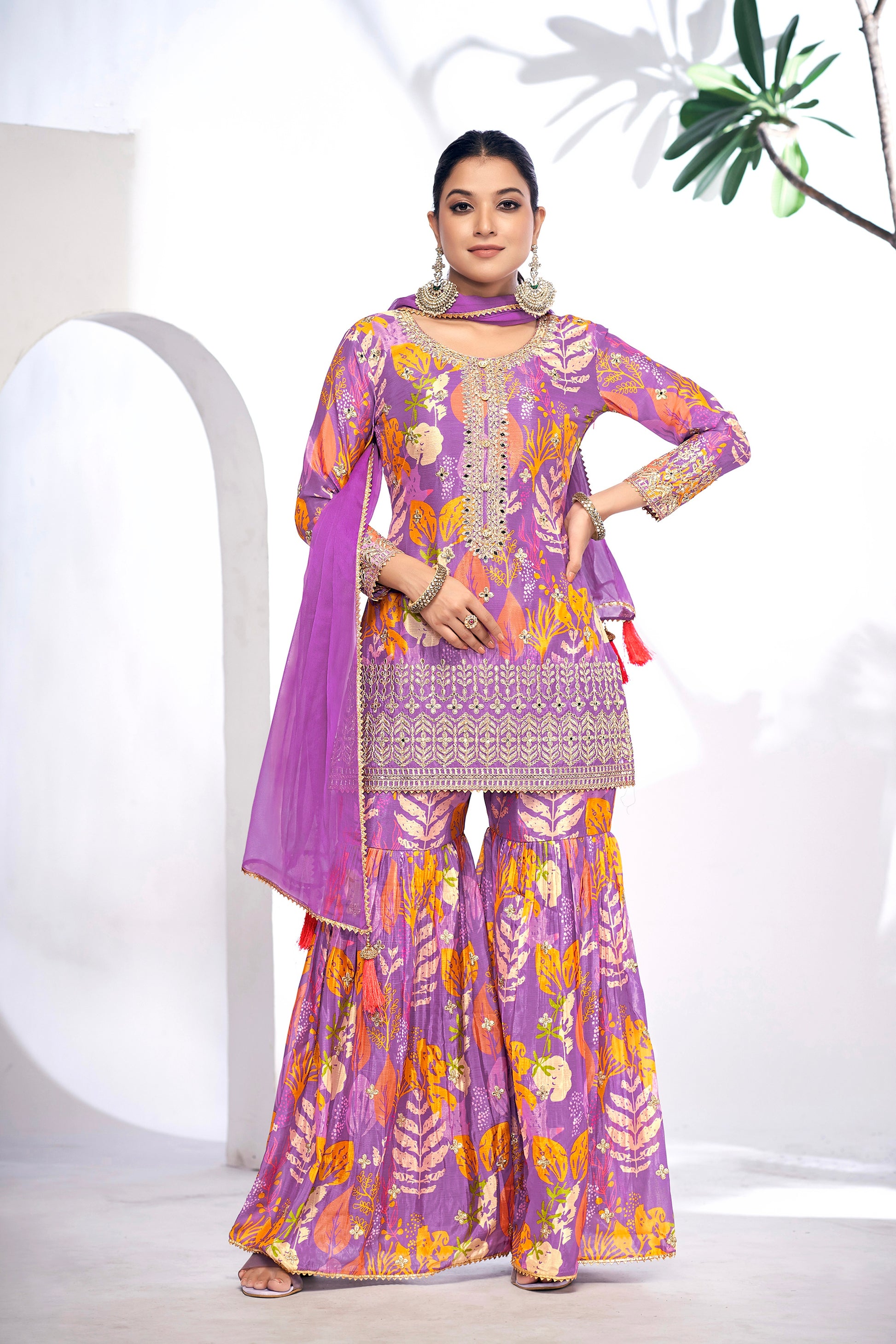 Purple Festive Sharara Suit with Embroidery & Digital Print