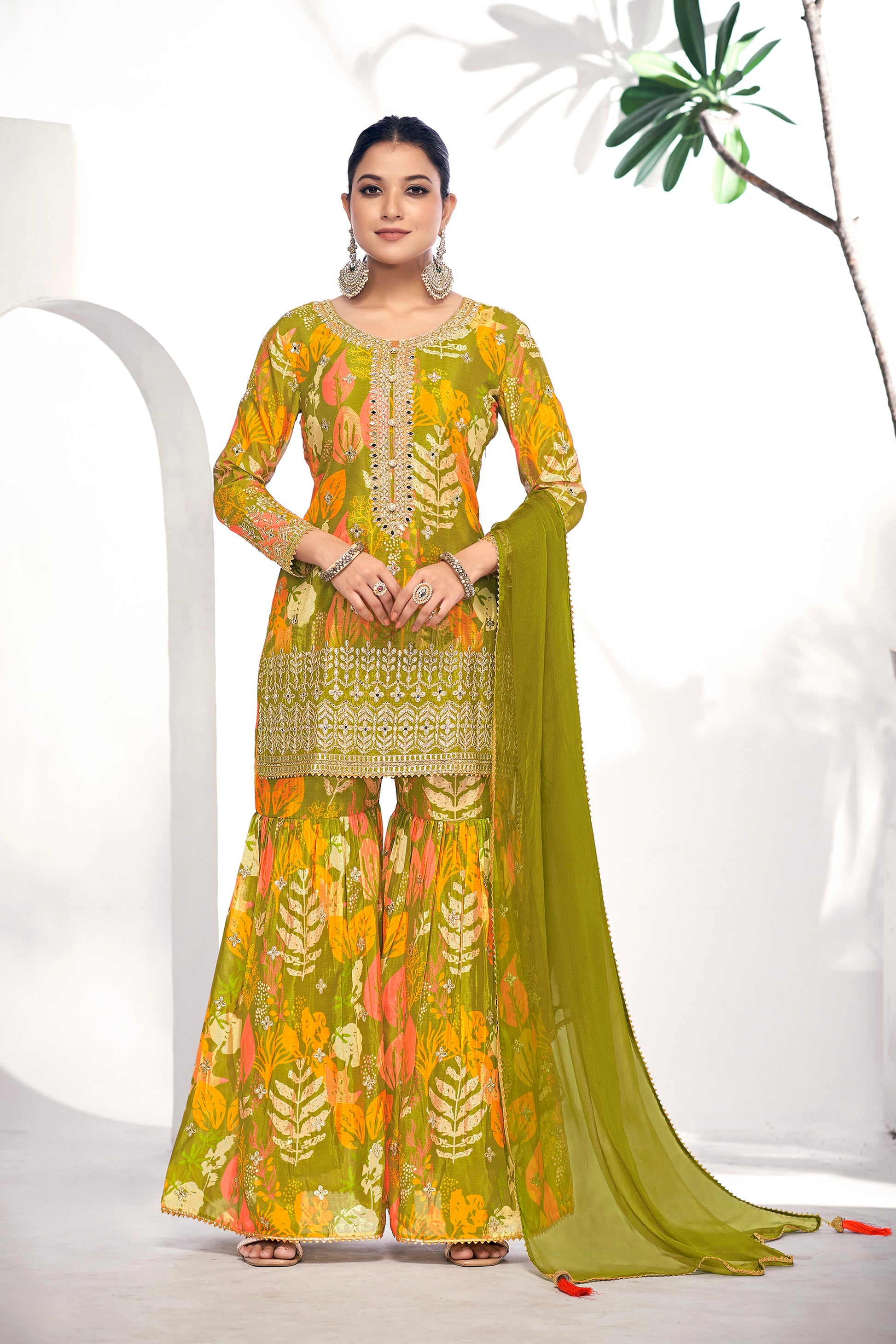 Green Festive Sharara Suit with Embroidery & Digital Print