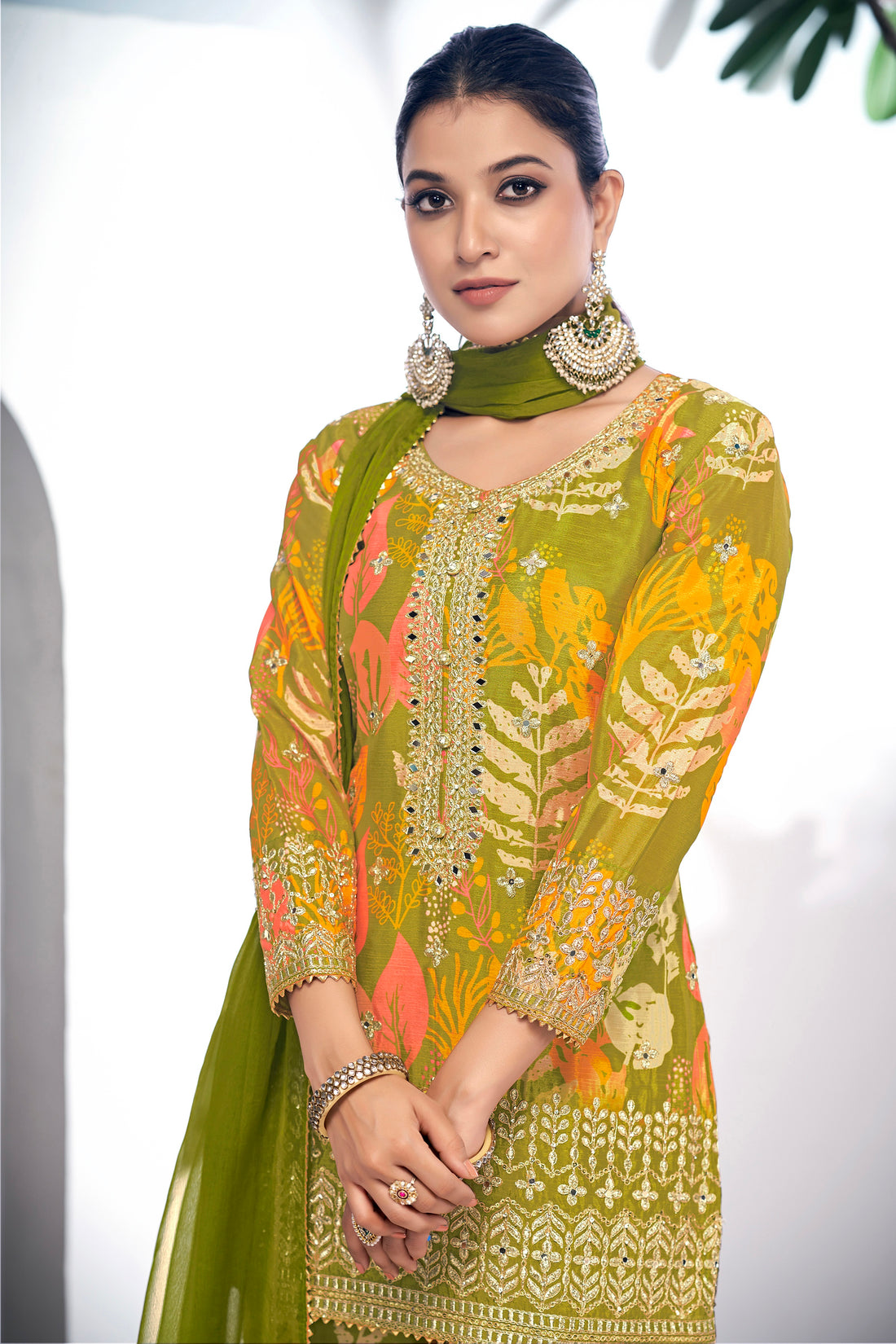 Green Festive Sharara Suit with Embroidery & Digital Print