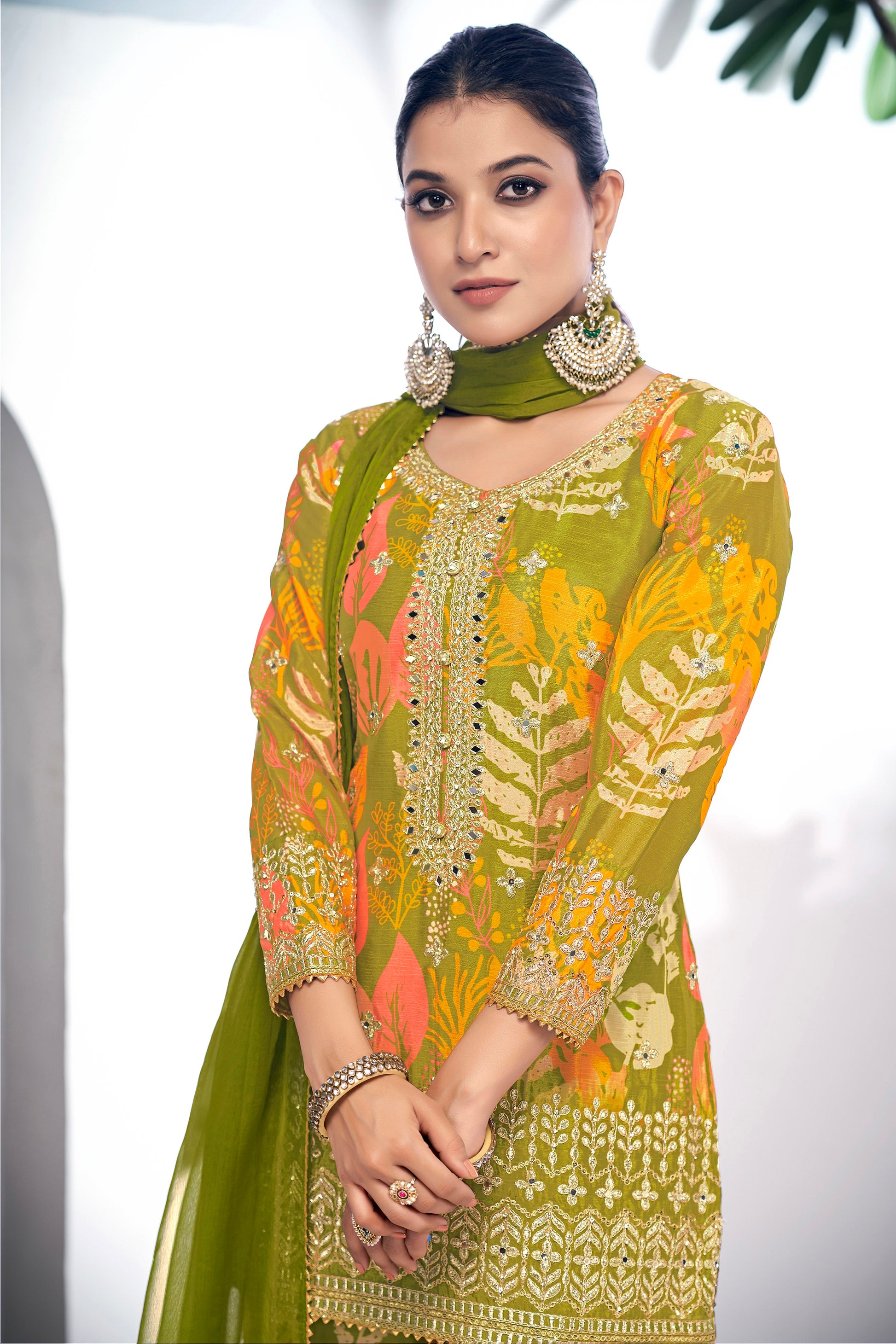 Green Festive Sharara Suit with Embroidery & Digital Print