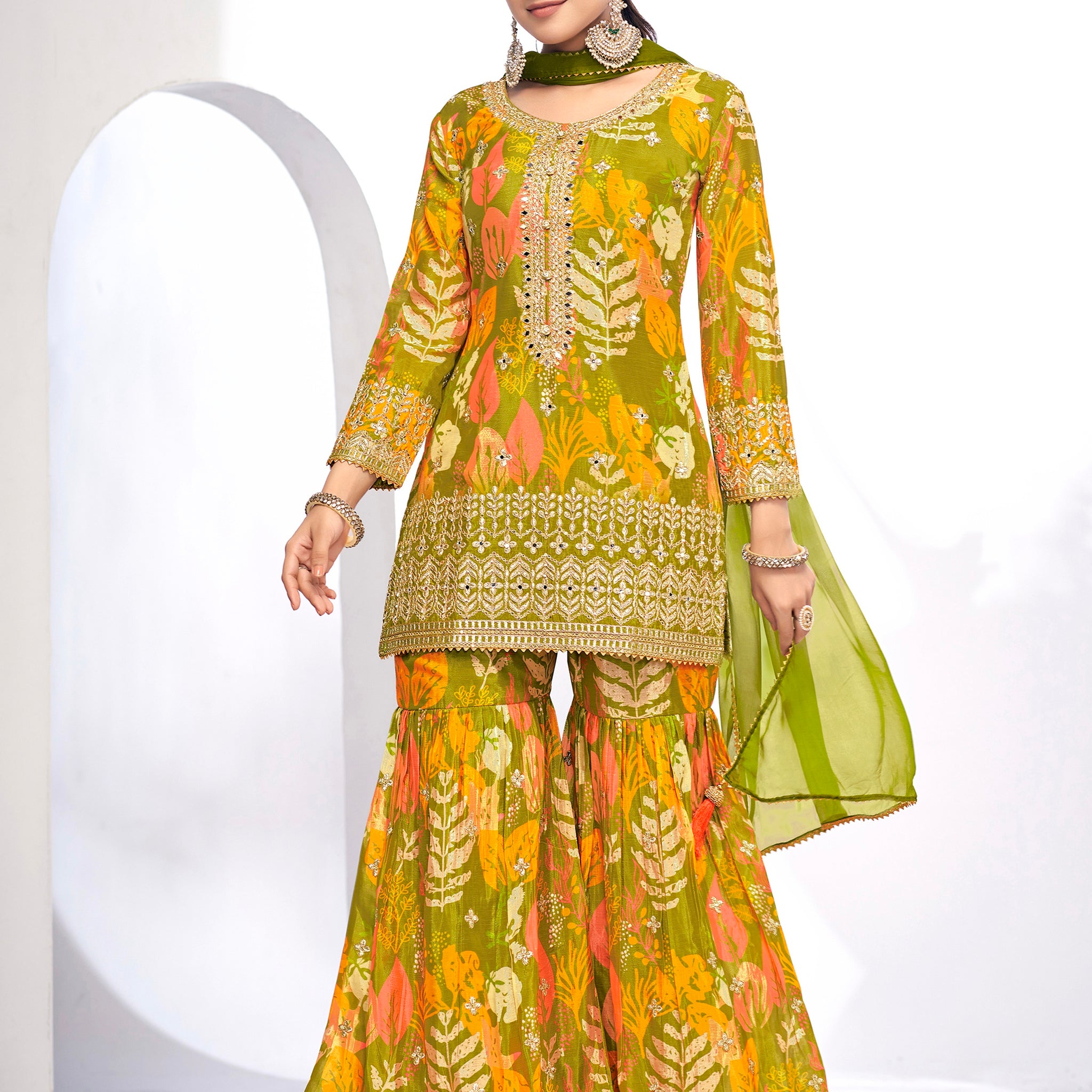 Green Festive Sharara Suit with Embroidery & Digital Print