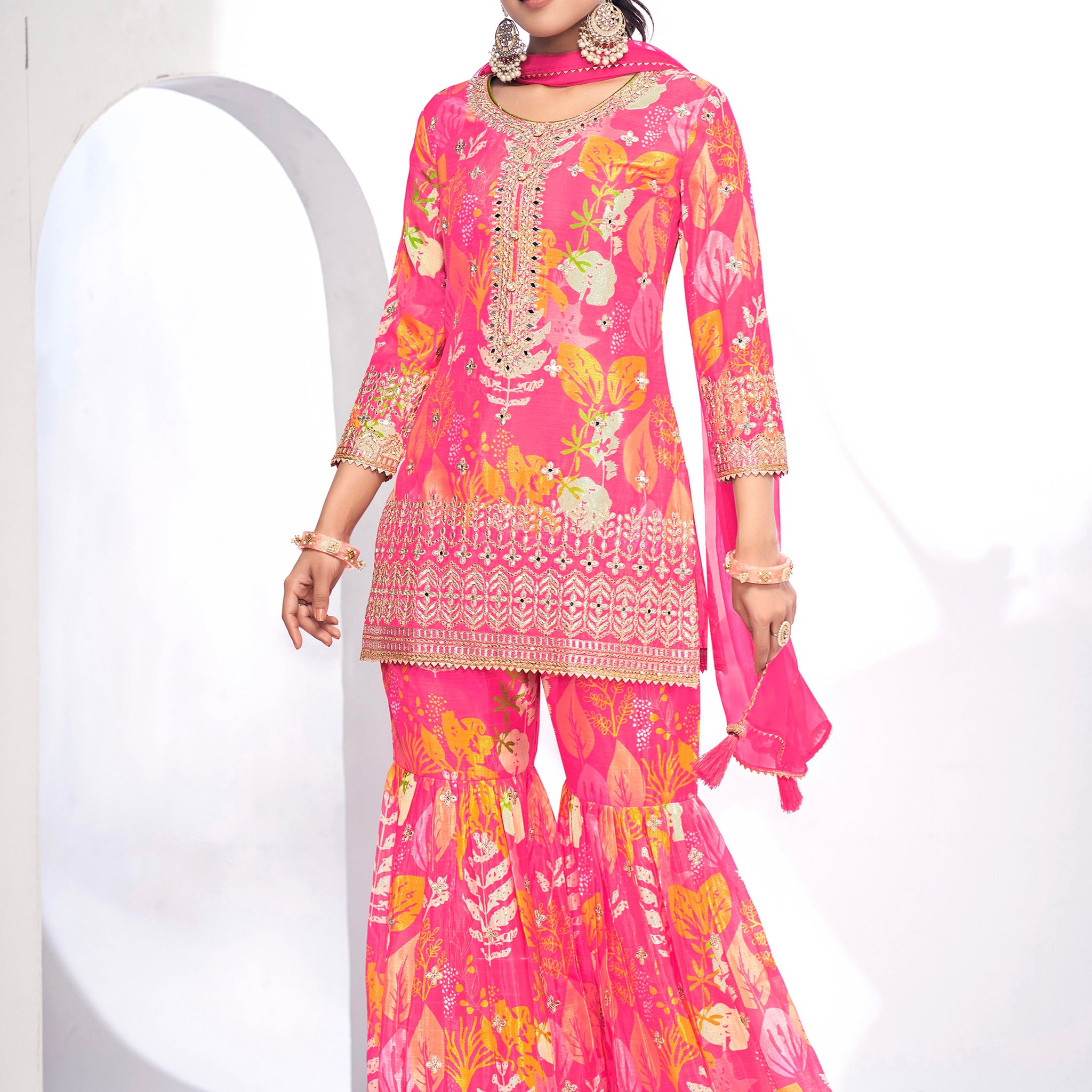 Pink Festive Sharara Suit with Embroidery & Digital Print