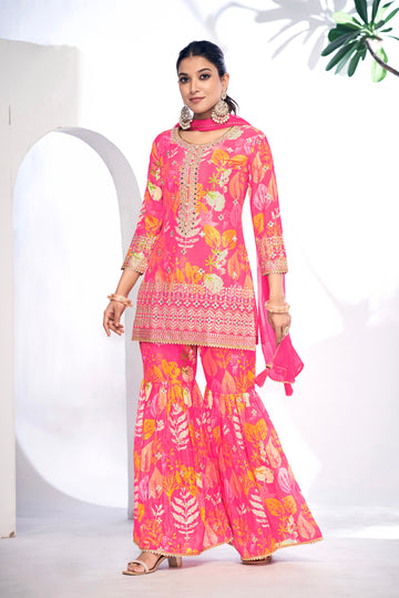 Pink Festive Sharara Suit with Embroidery & Digital Print