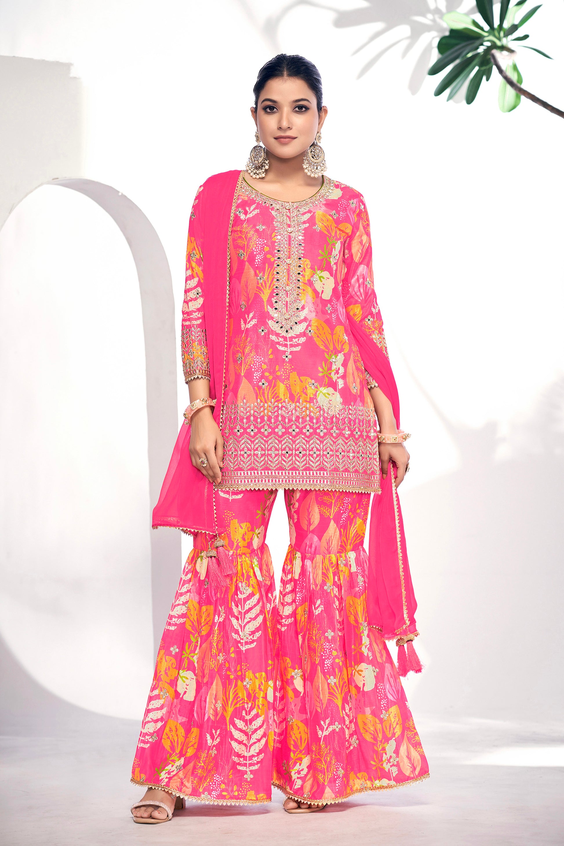 Pink Festive Sharara Suit with Embroidery & Digital Print