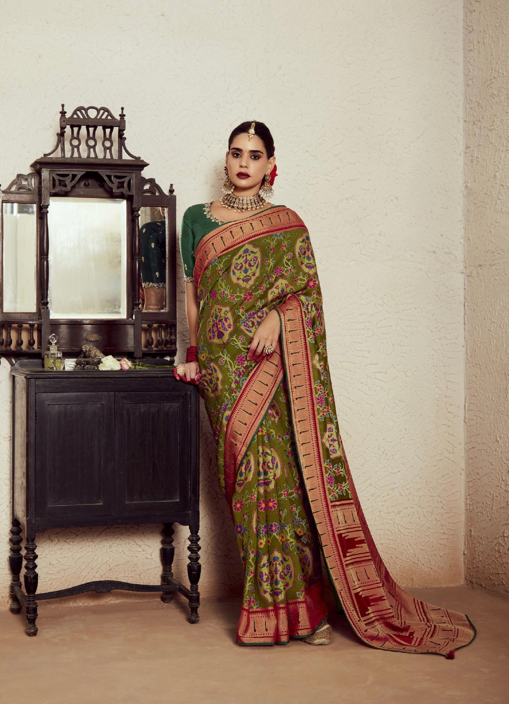 Olive Green Soft Brasso Saree with Dhupian Silk Blouse