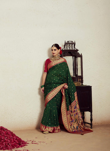 Dark Green Soft Brasso Saree with Dhupian Silk Blouse