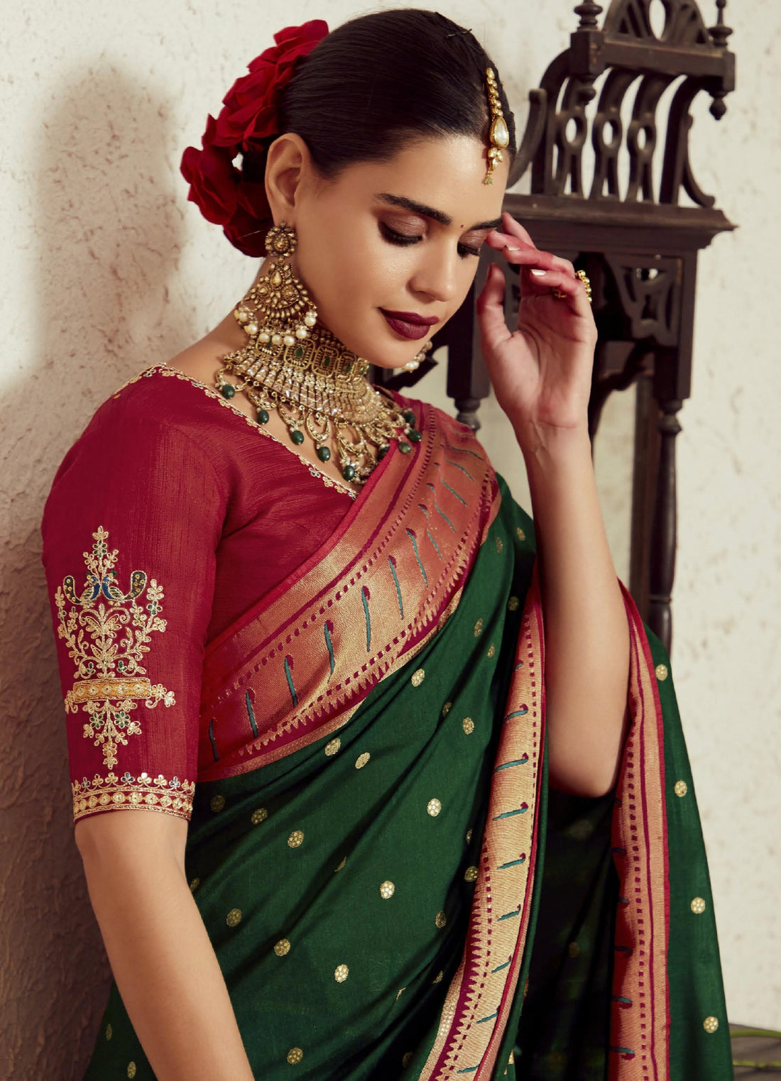 Dark Green Soft Brasso Saree with Dhupian Silk Blouse