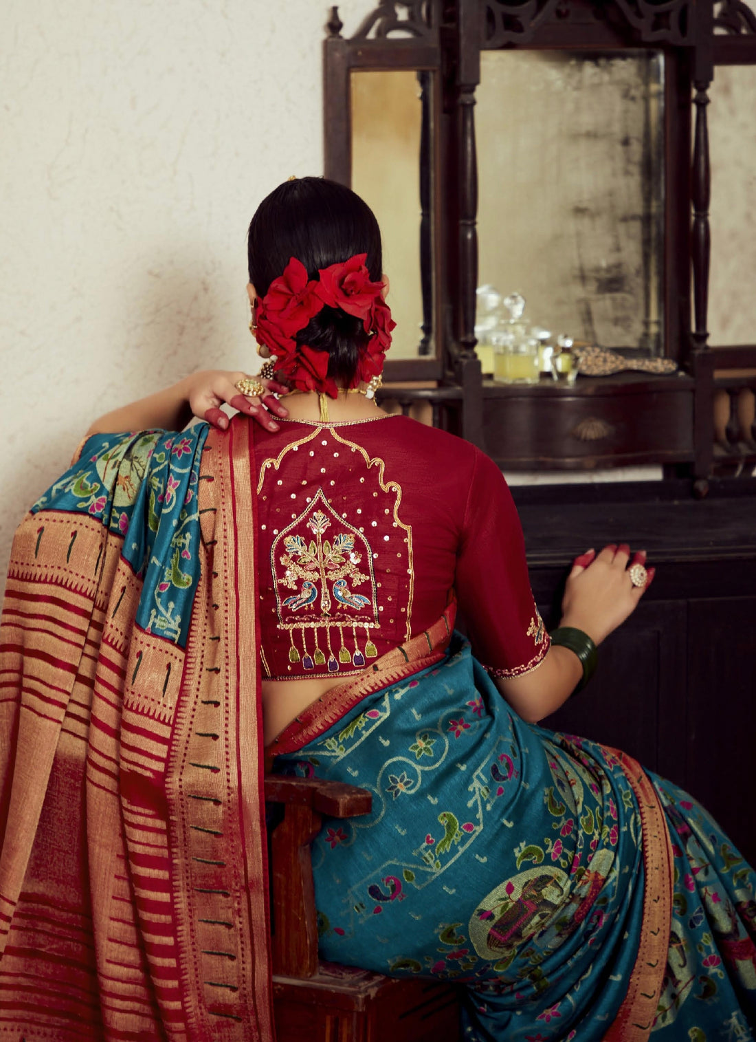 Teal Blue Soft Brasso Saree with Dhupian Silk Blouse