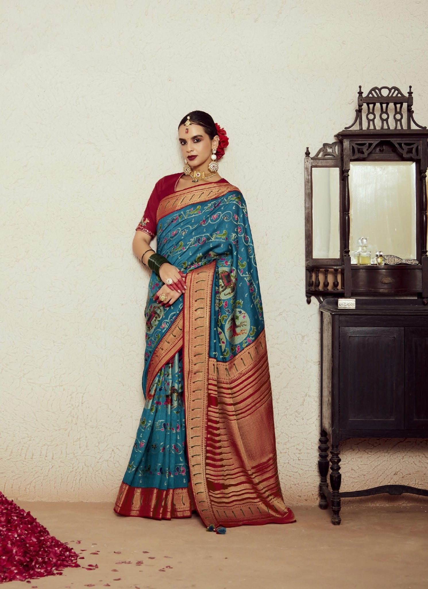 Teal Blue Soft Brasso Saree with Dhupian Silk Blouse