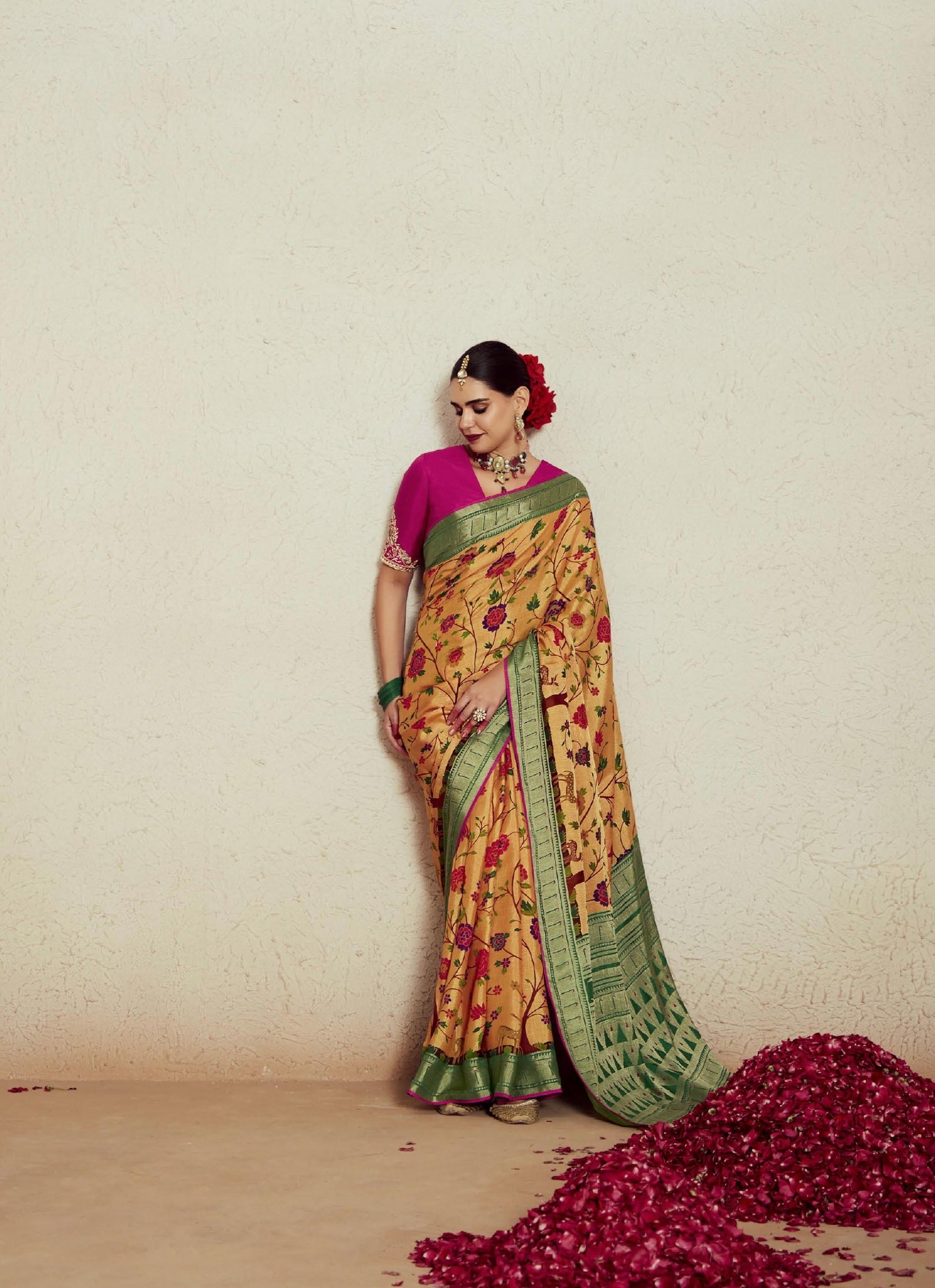 Yellow Soft Brasso Saree with Dhupian Silk Blouse