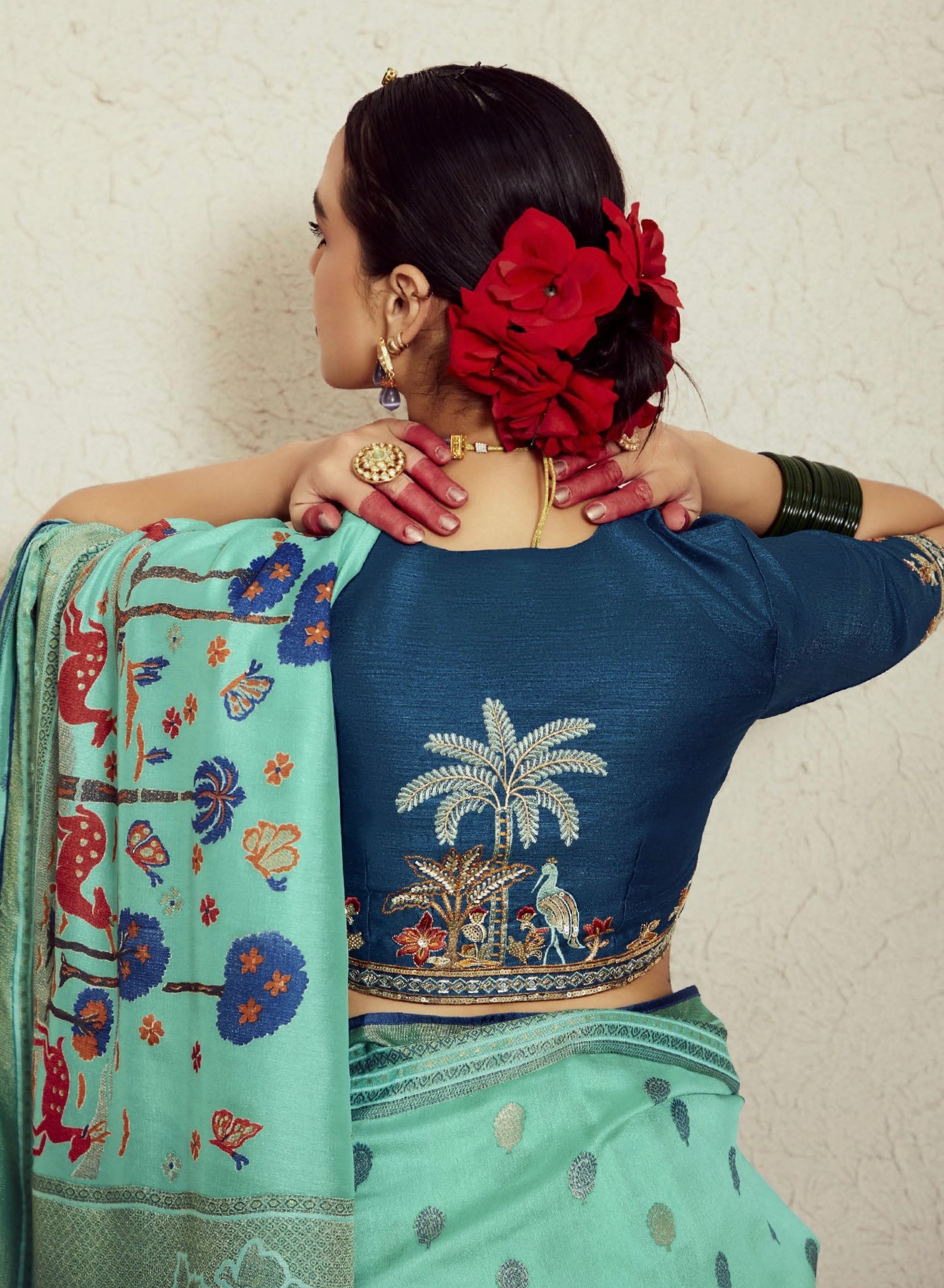 Aqua Blue Soft Brasso Saree with Dhupian Silk Blouse