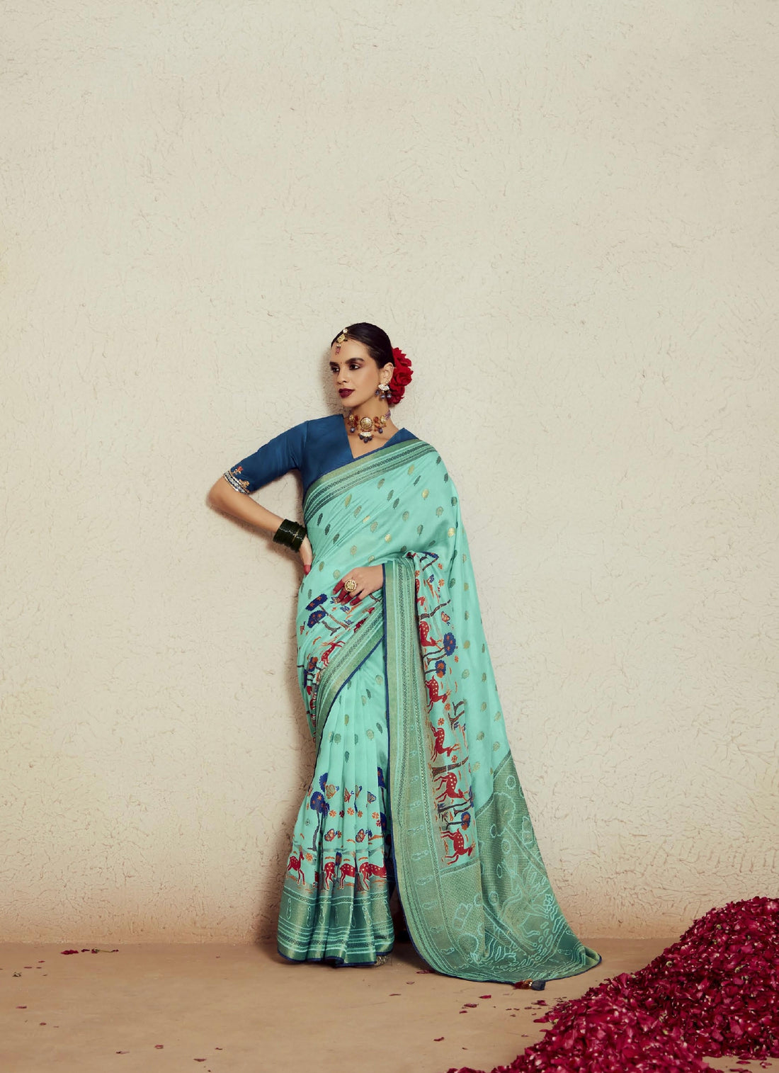 Aqua Blue Soft Brasso Saree with Dhupian Silk Blouse