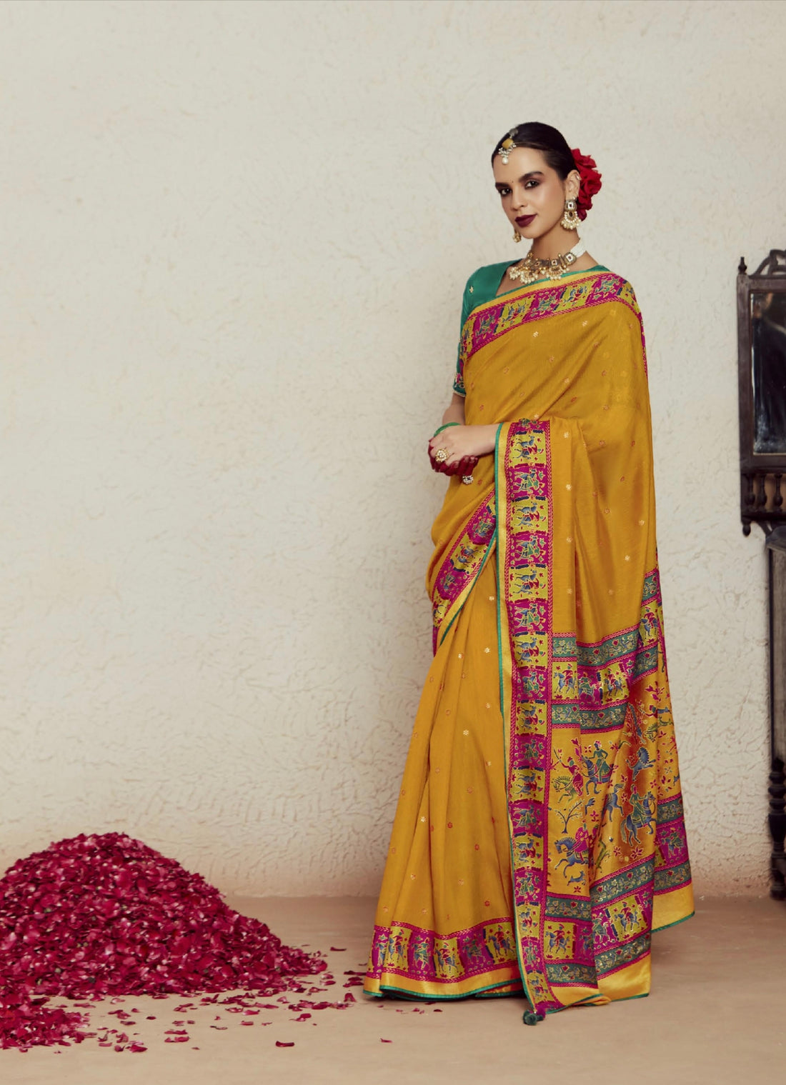 Mustard Yellow Soft Brasso Saree with Dhupian Silk Blouse