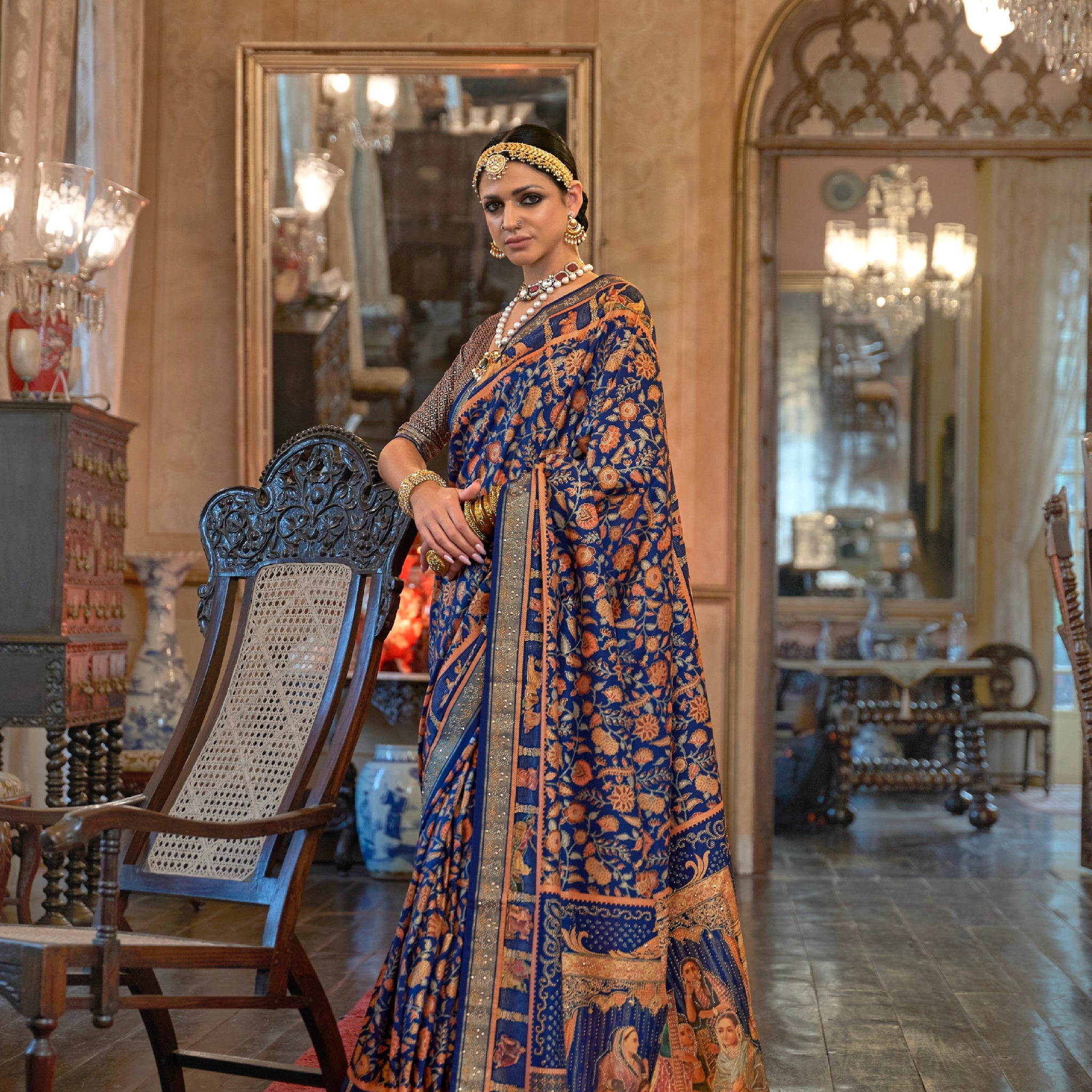 Navy Blue Patola Silk Saree with Traditional Motifs and Handmade Tassels