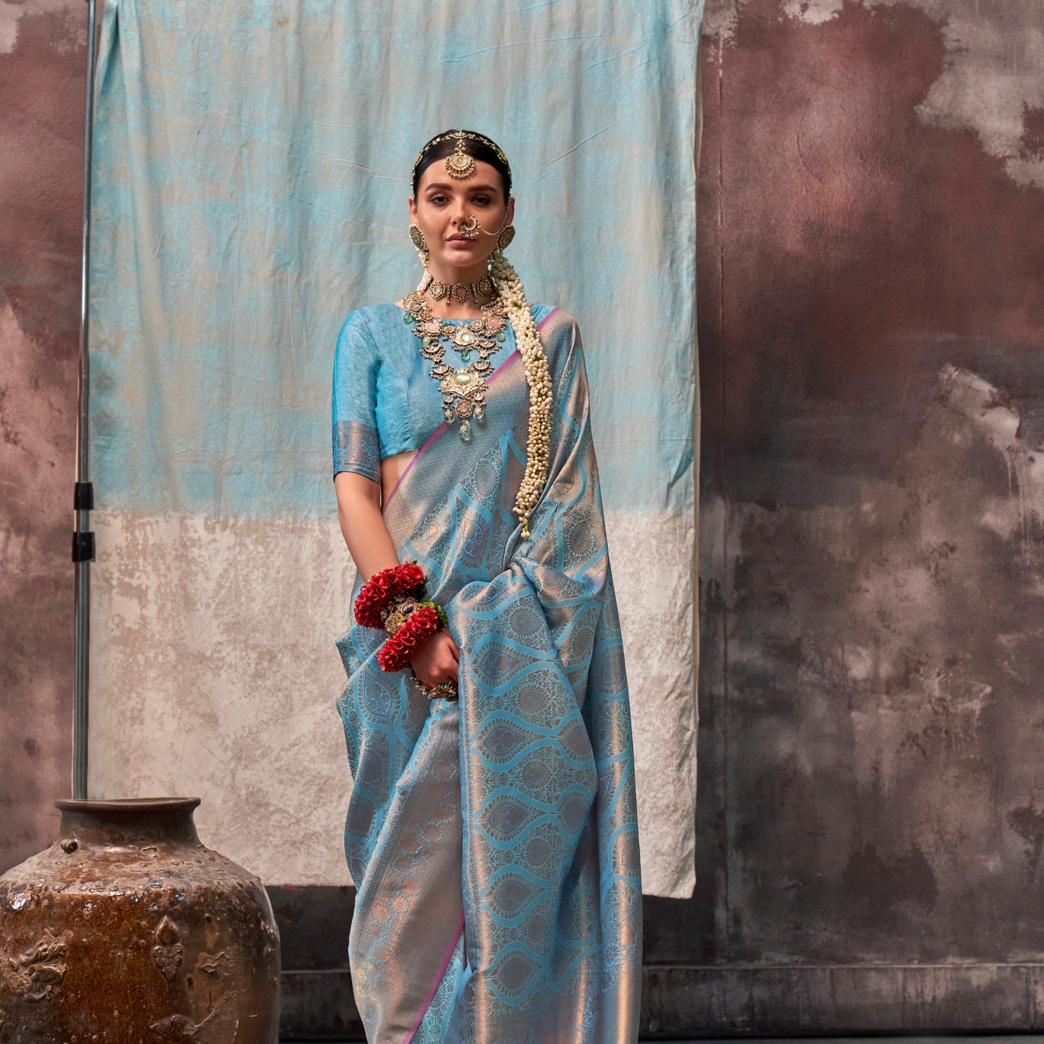 Sky Blue Handloom Two Tone Silk Saree with Gold Zari Work