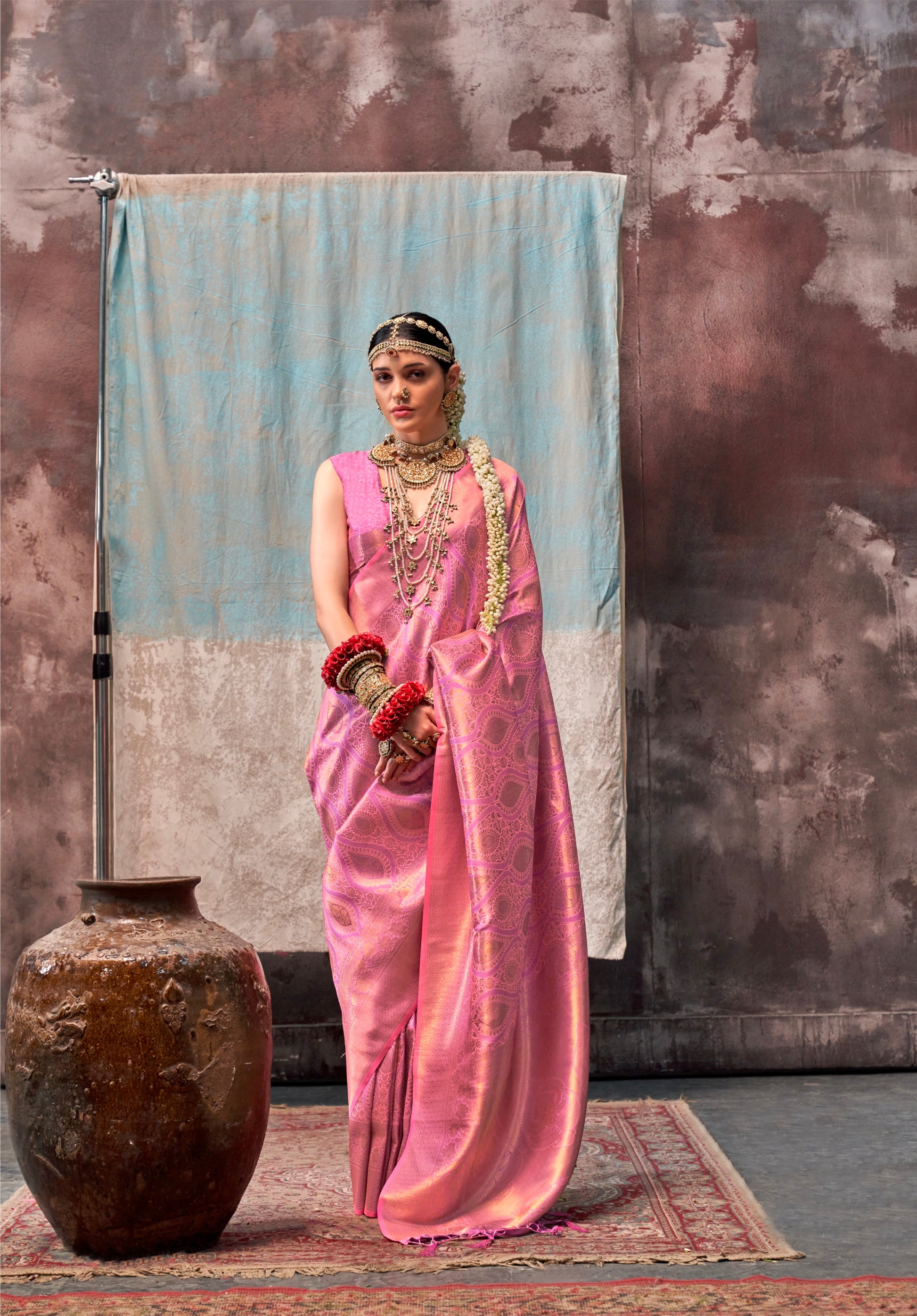 Hot Pink Handloom Two Tone Silk Saree with Gold Zari Work