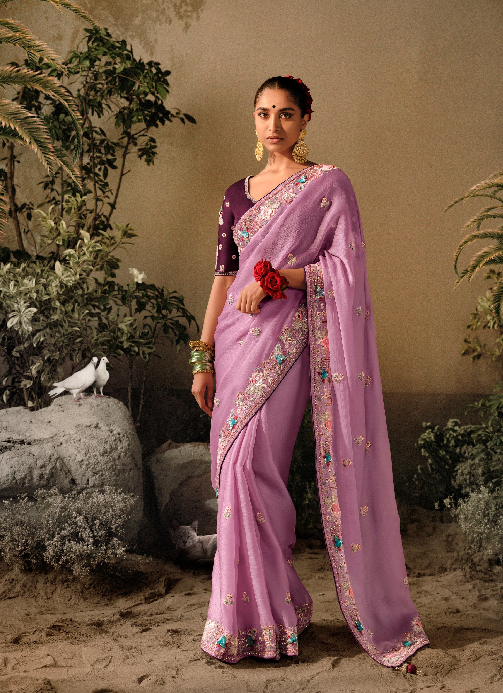 Lavender Wedding Saree with Heavy Embroidery Border