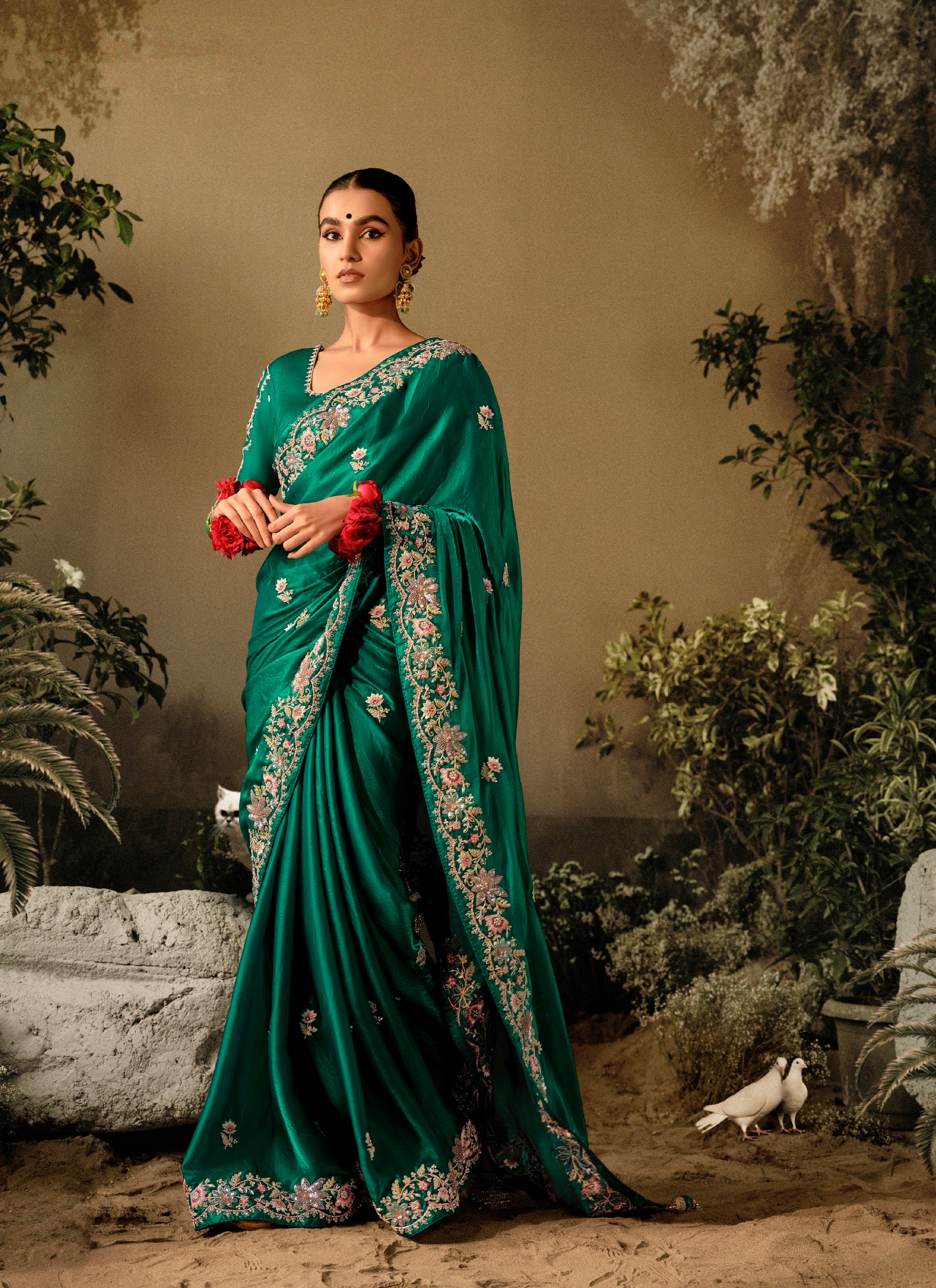 Green Wedding Wear Saree with Sequins and Stones