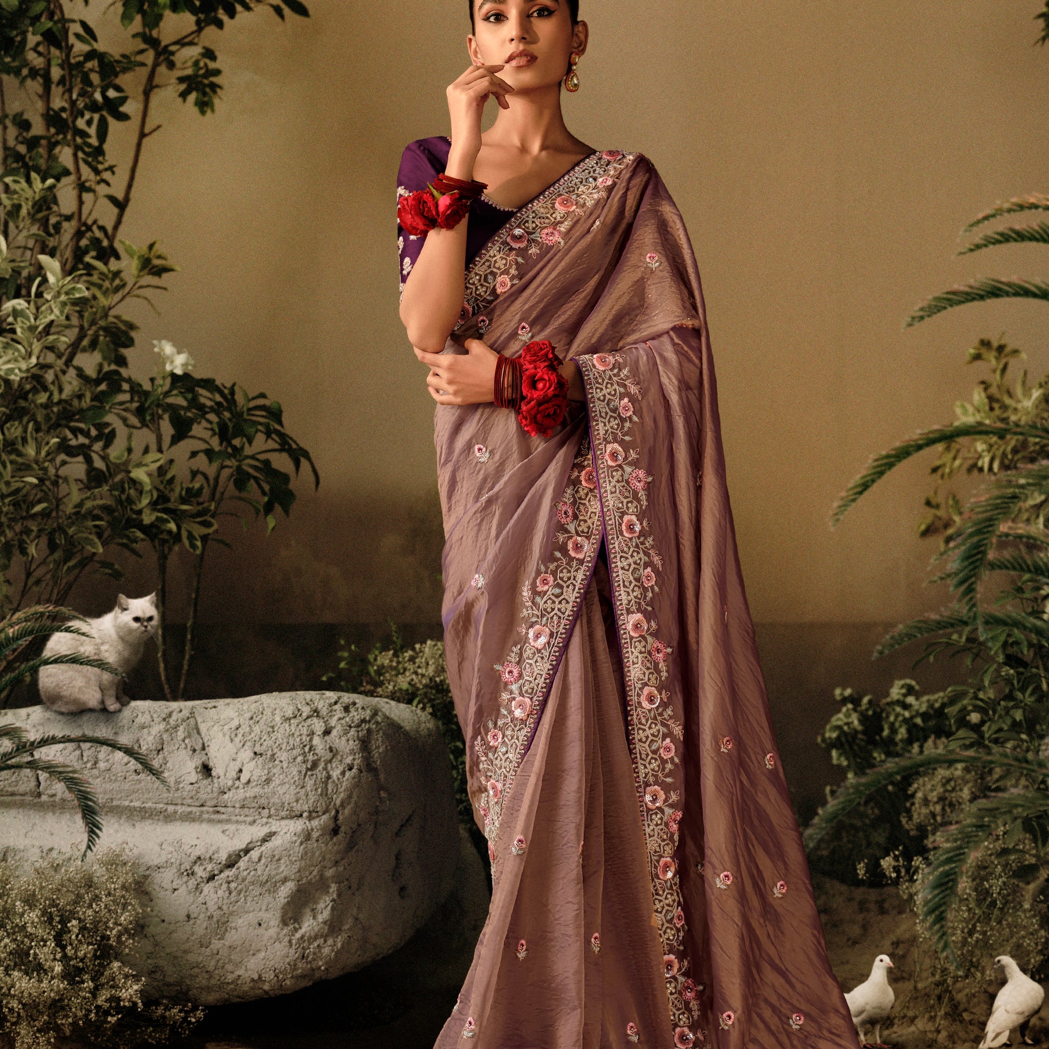 Beige Party Wear Saree with Heavy Work and Tassels