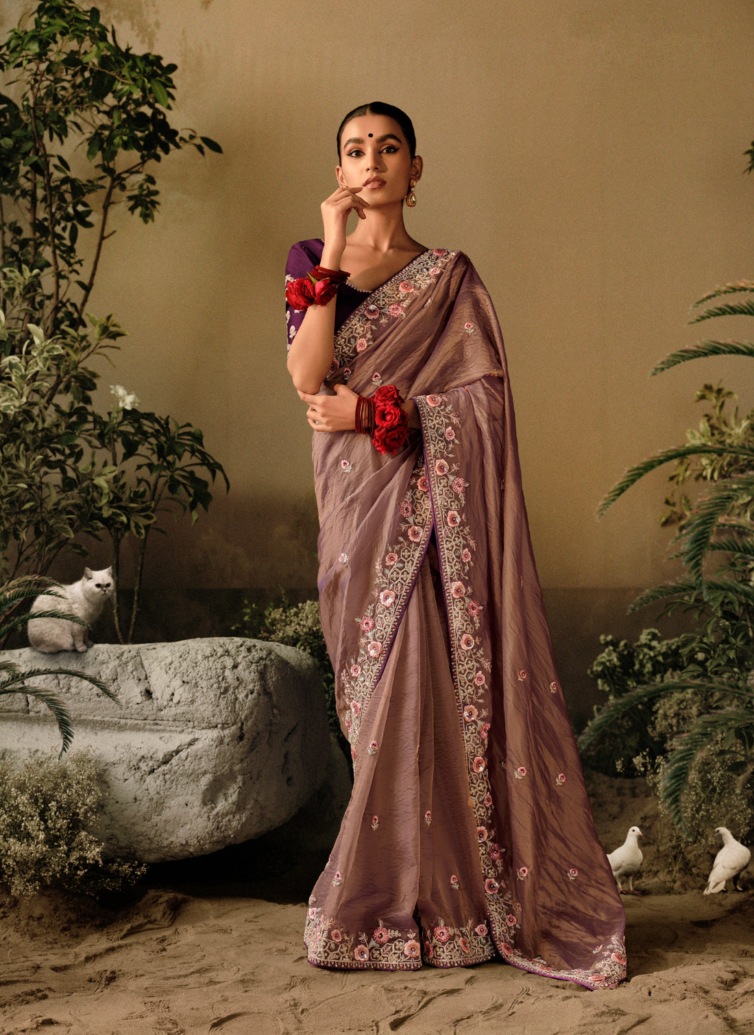 Beige Party Wear Saree with Heavy Work and Tassels