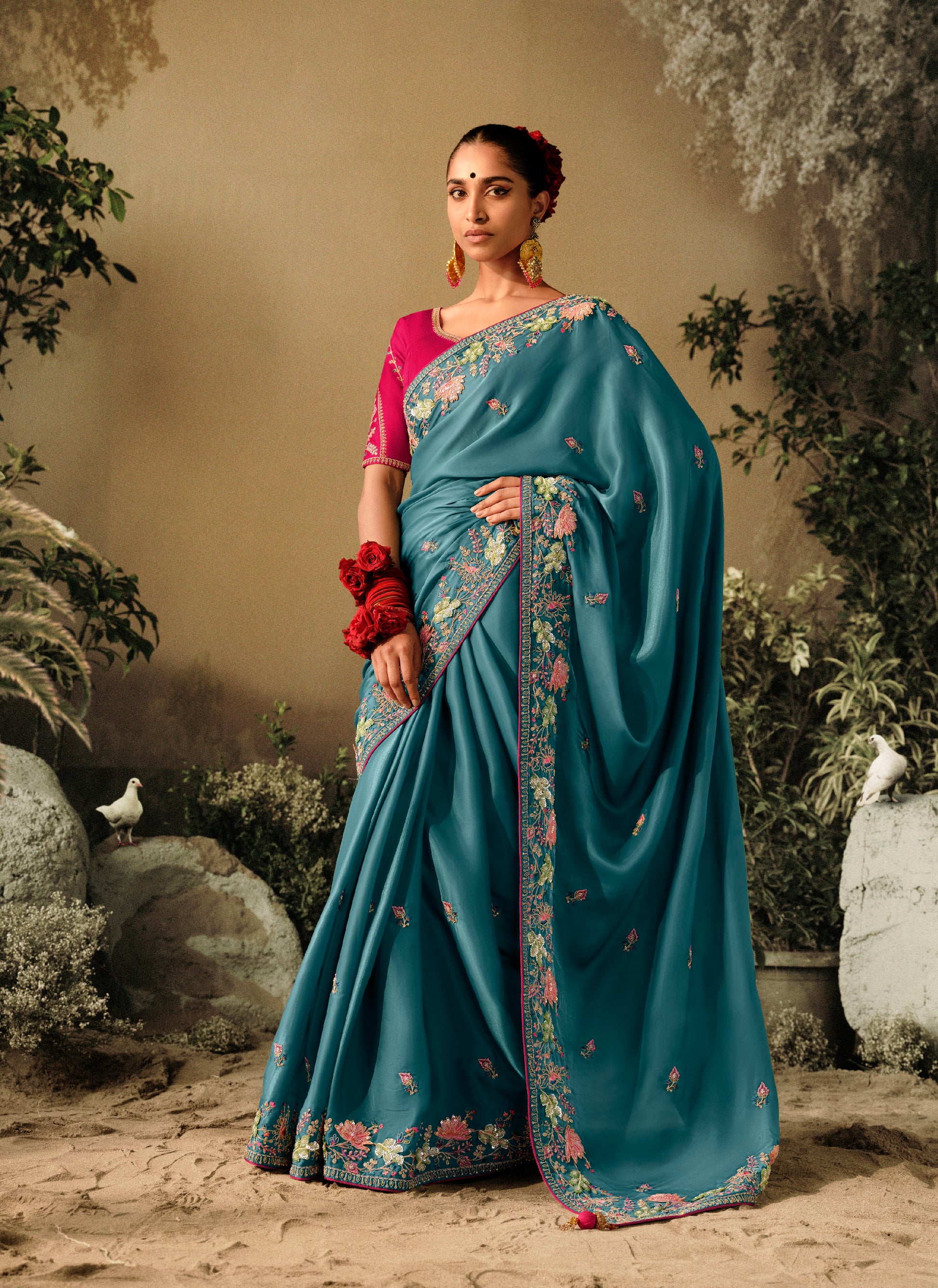 Blue Wedding Saree with Embroidery and Tassels