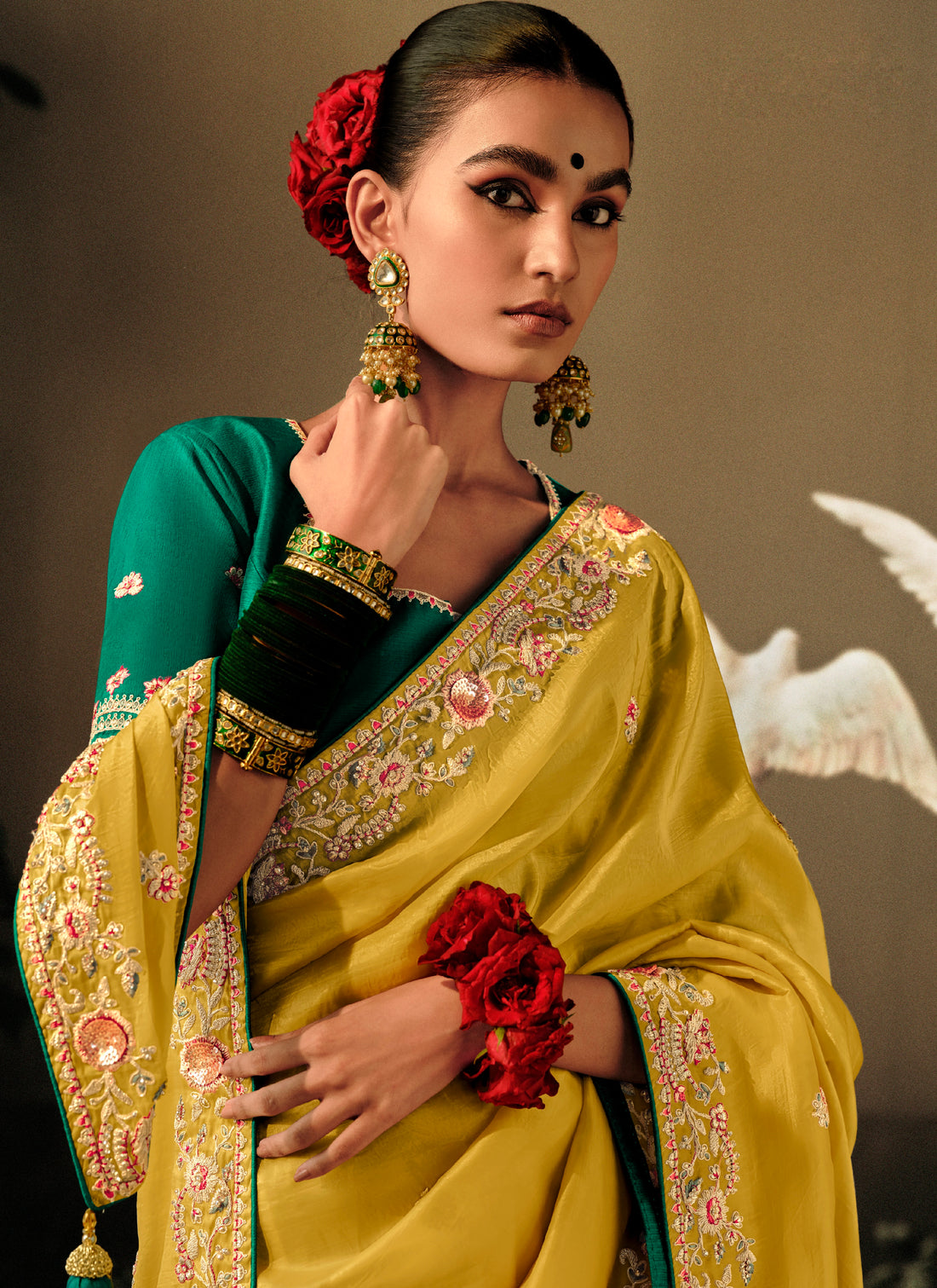 Yellow Wedding Saree with Pearls and Khatli Work