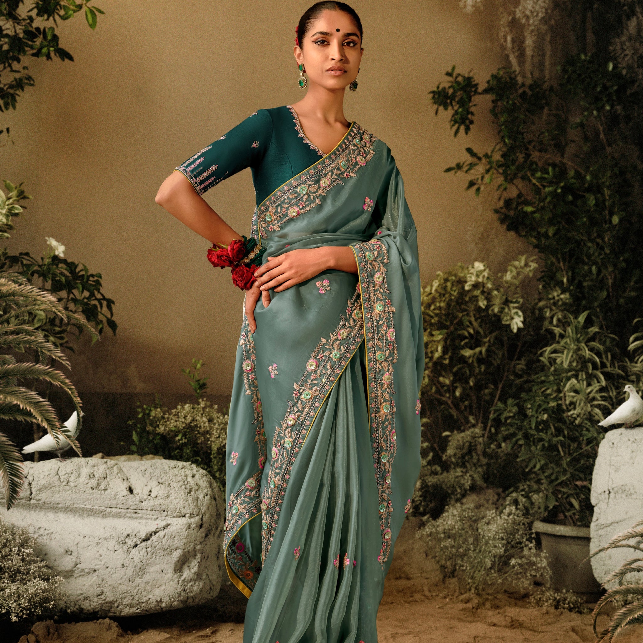 Light Blue Party Wear Saree with Heavy Embroidery