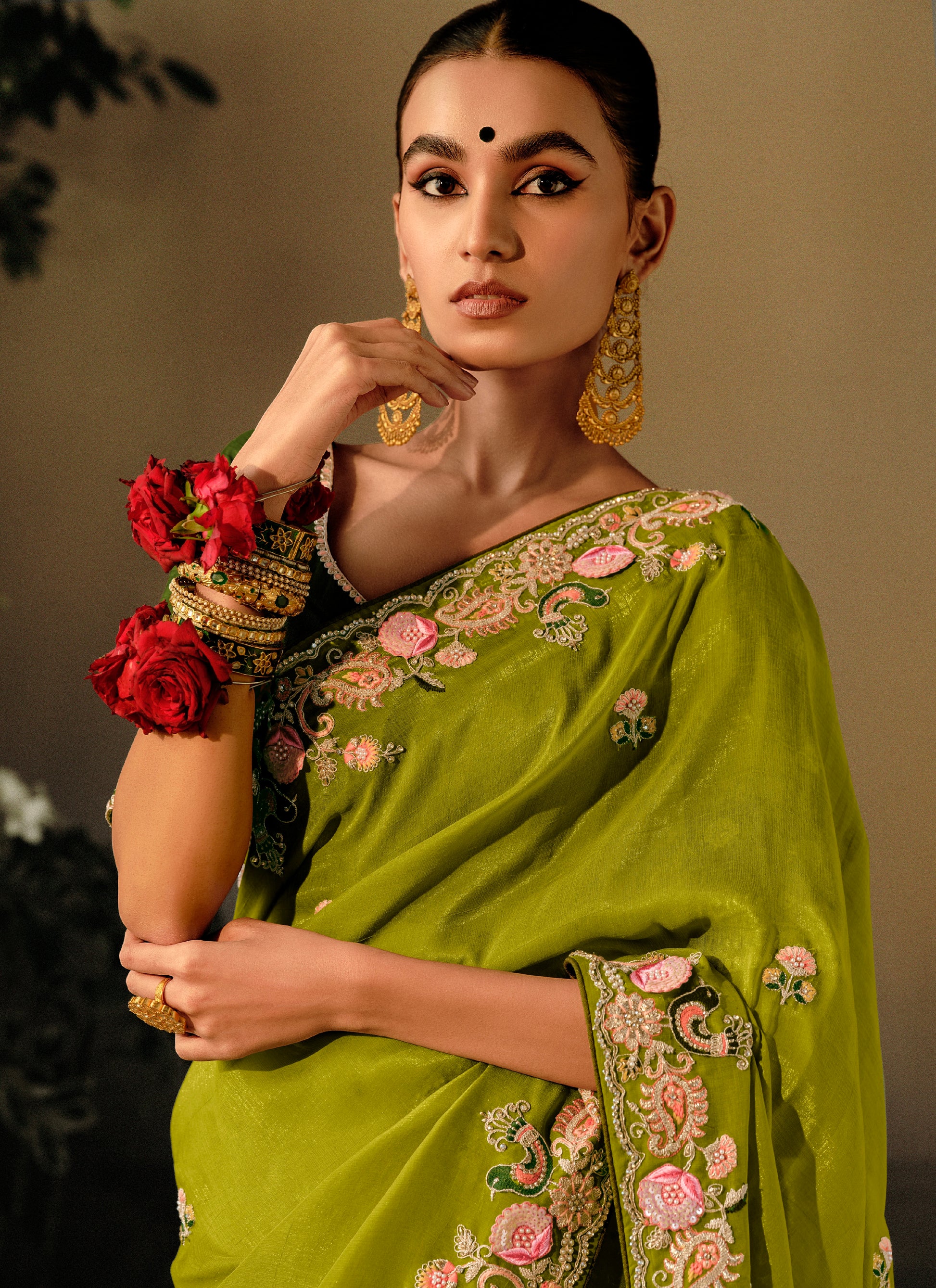 Green Wedding Saree with Embroidery and Pearls