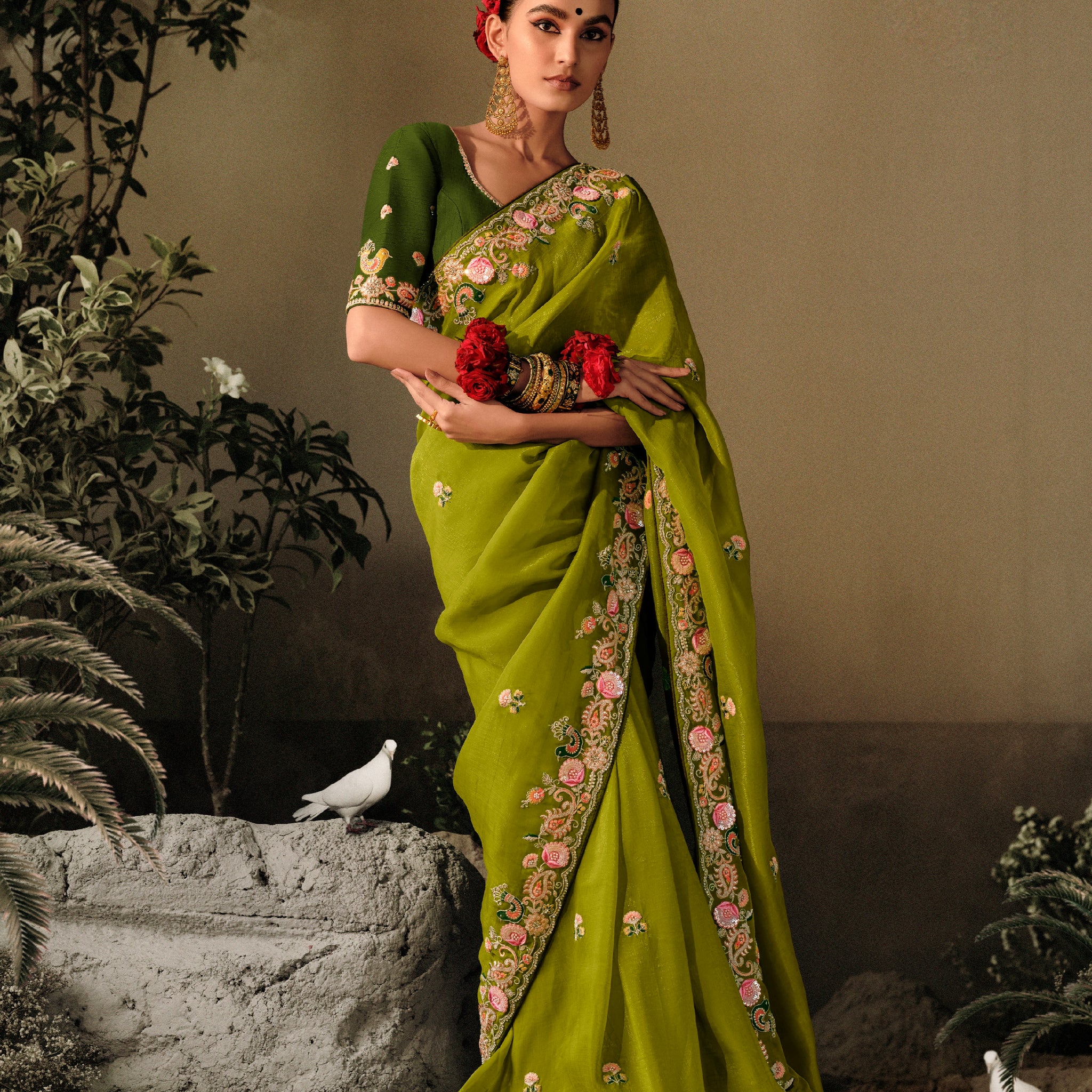 Green Wedding Saree with Embroidery and Pearls