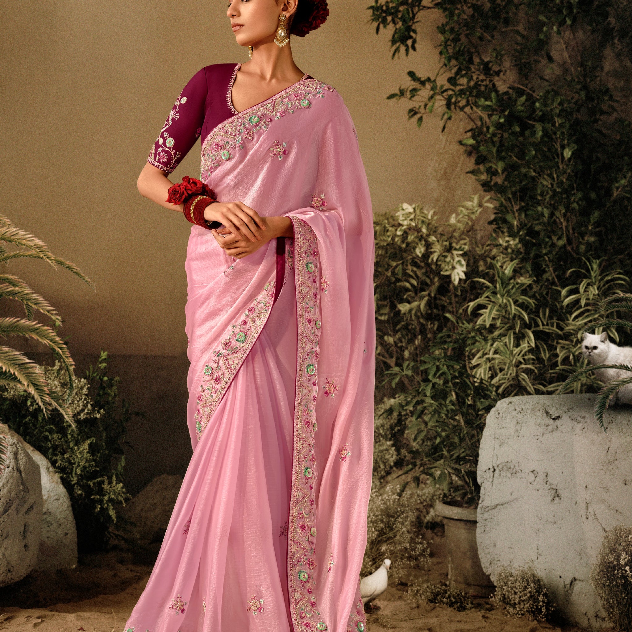 Pink Party Saree with Sequin and Stone Work