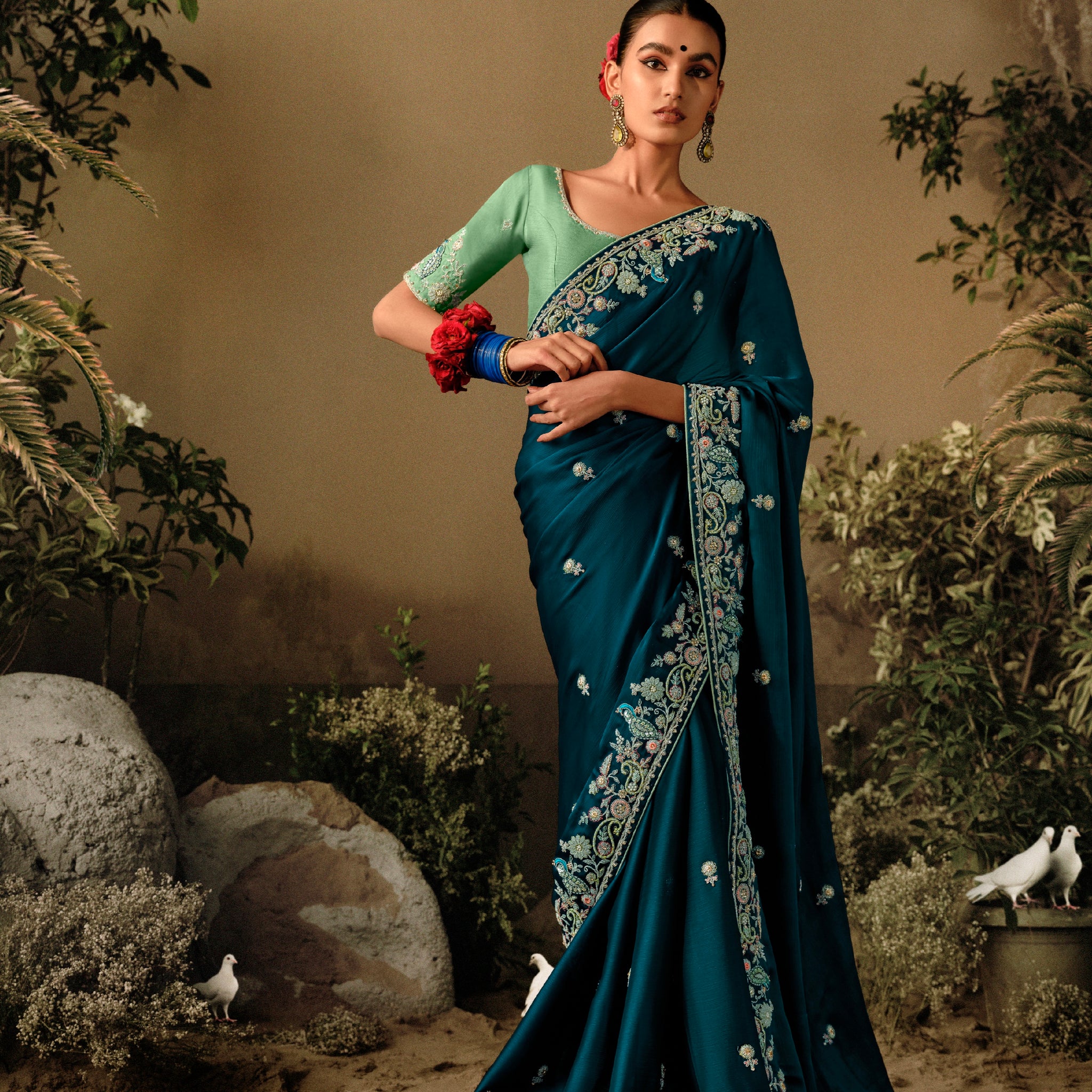 Blue Party Wear Saree with Stone and Pearl Work