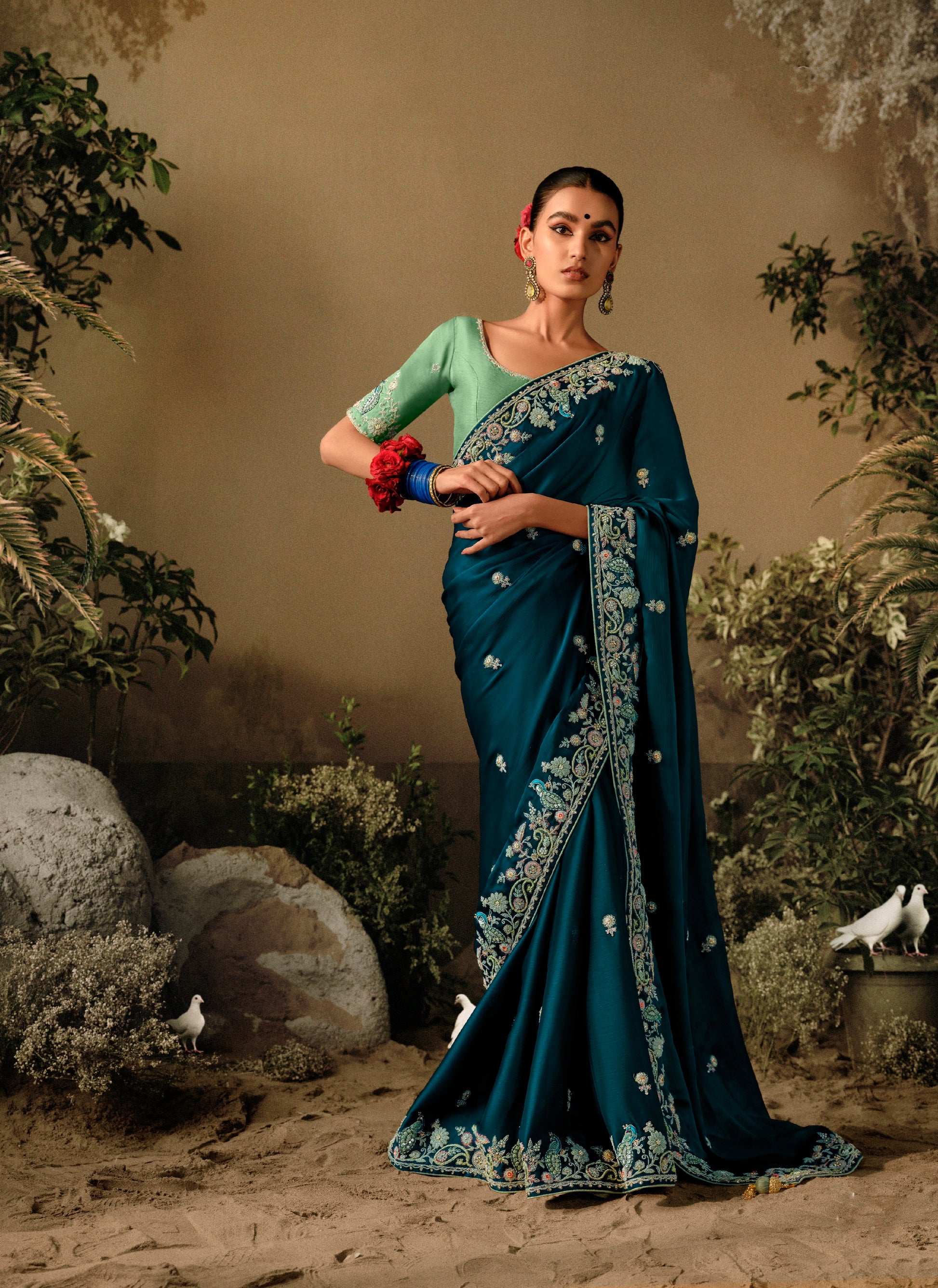 Blue Party Wear Saree with Stone and Pearl Work