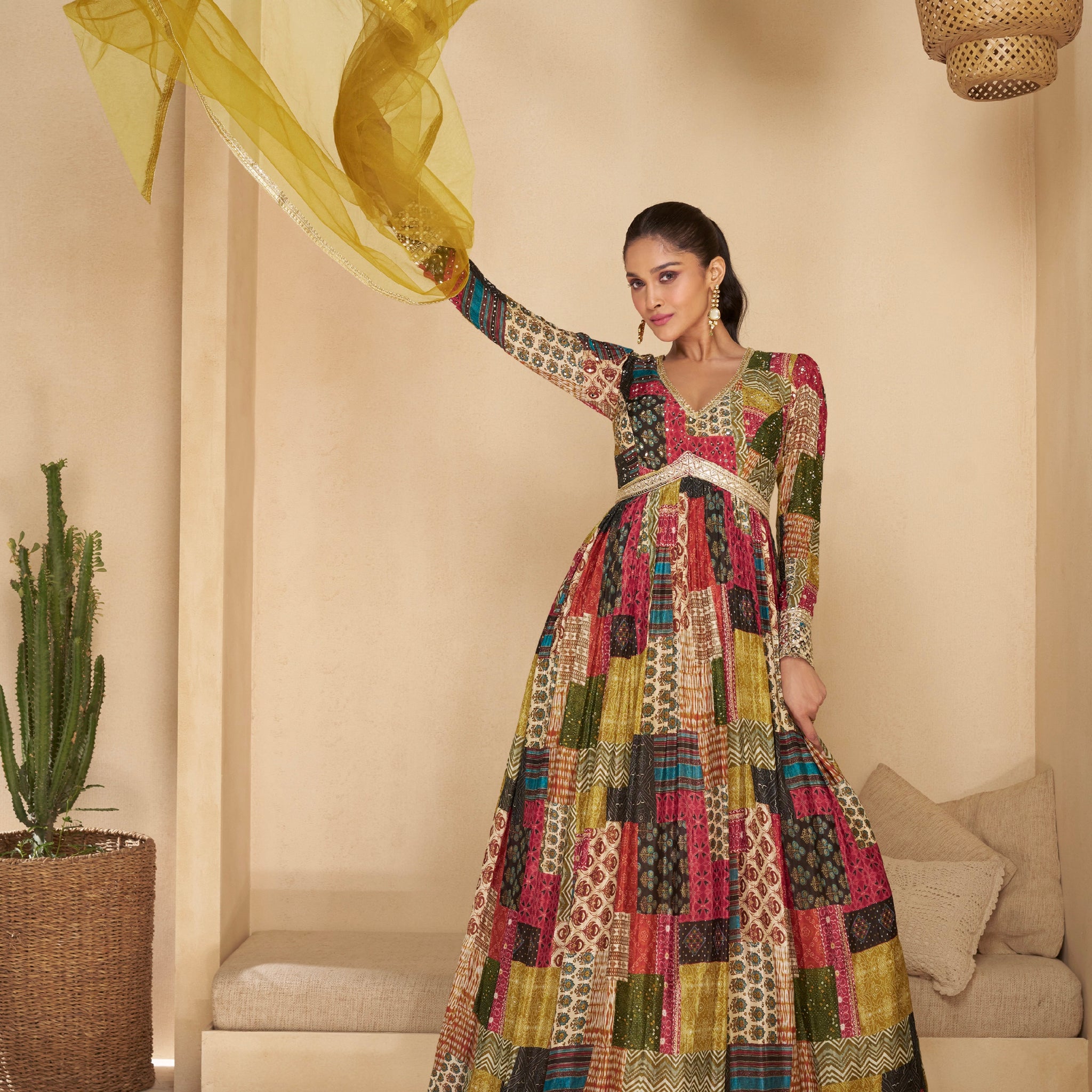 Multicolored Patchwork Embroidered Real Georgette Anarkali with Net Dupatta