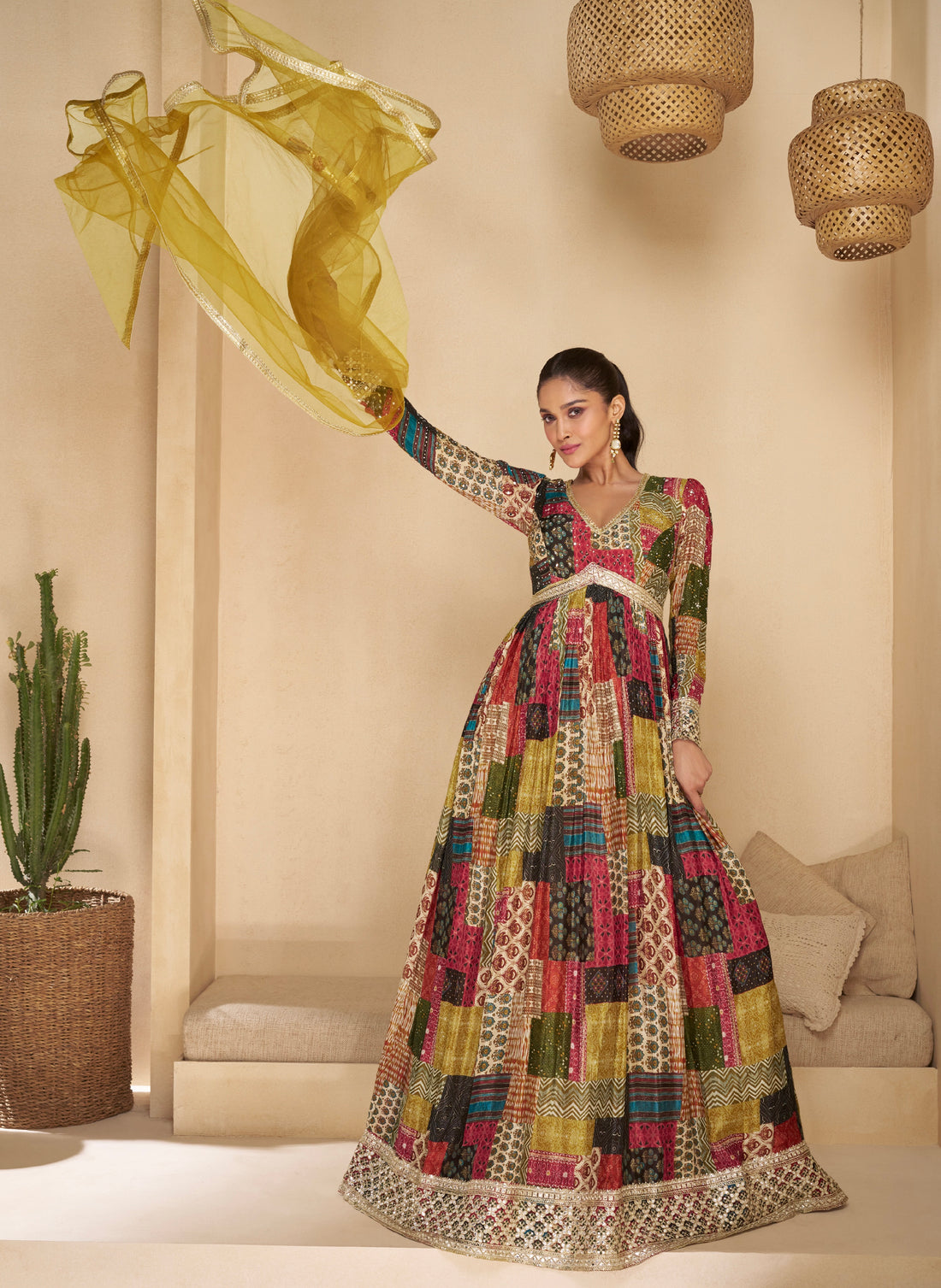 Multicolored Patchwork Embroidered Real Georgette Anarkali with Net Dupatta