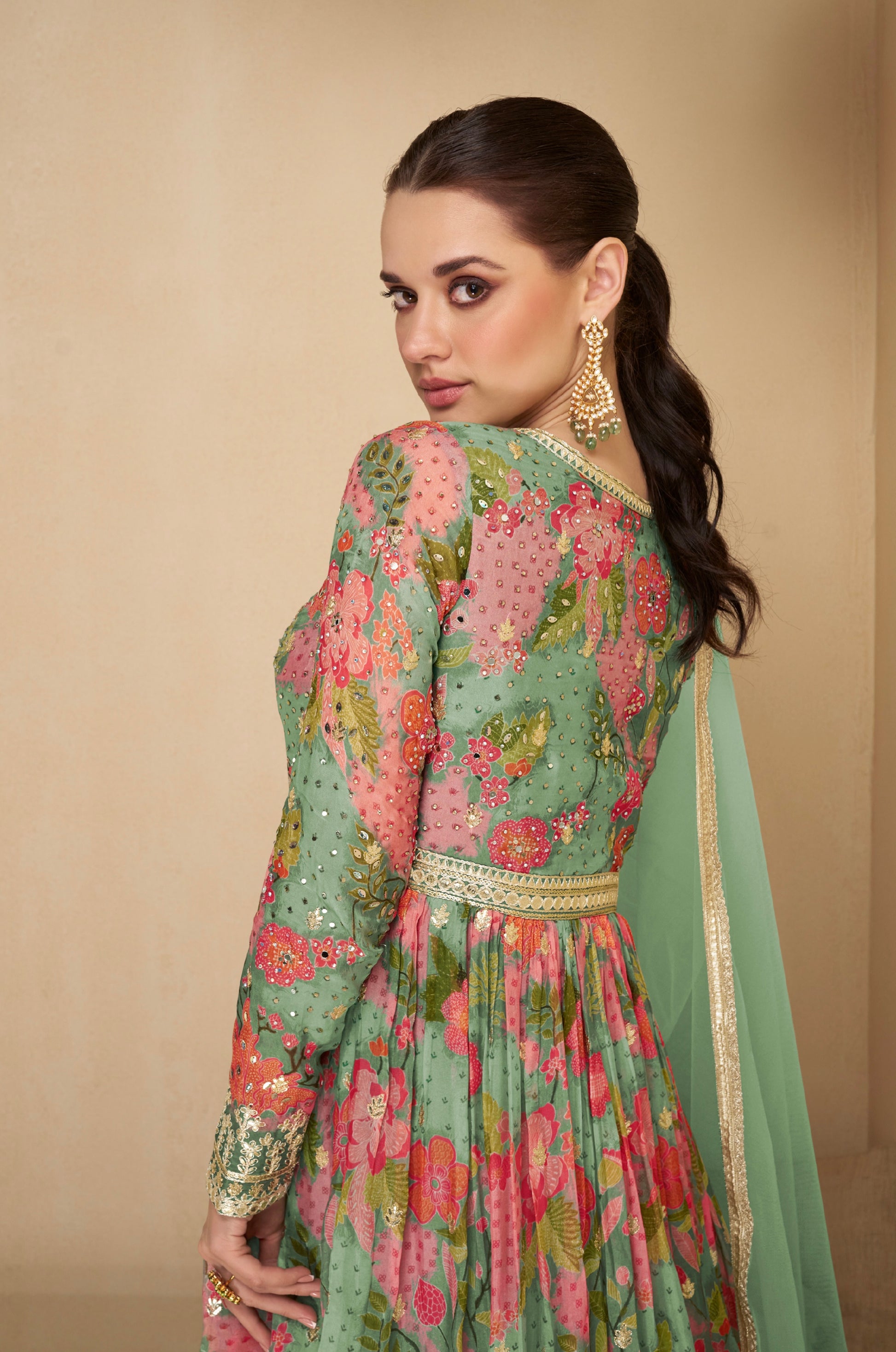 Pastel Green Floral Embroidered Real Georgette Anarkali with Net Dupatta