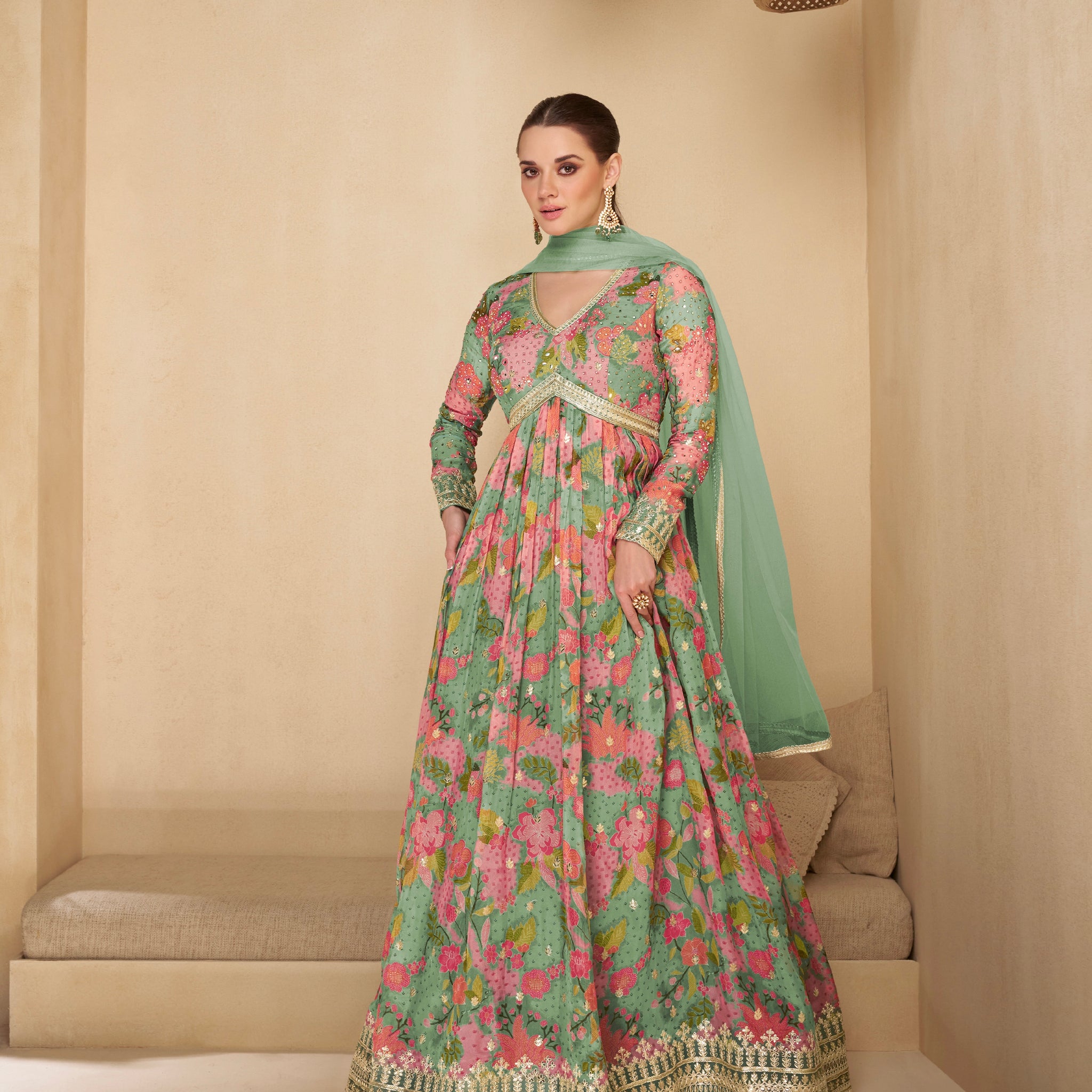 Pastel Green Floral Embroidered Real Georgette Anarkali with Net Dupatta