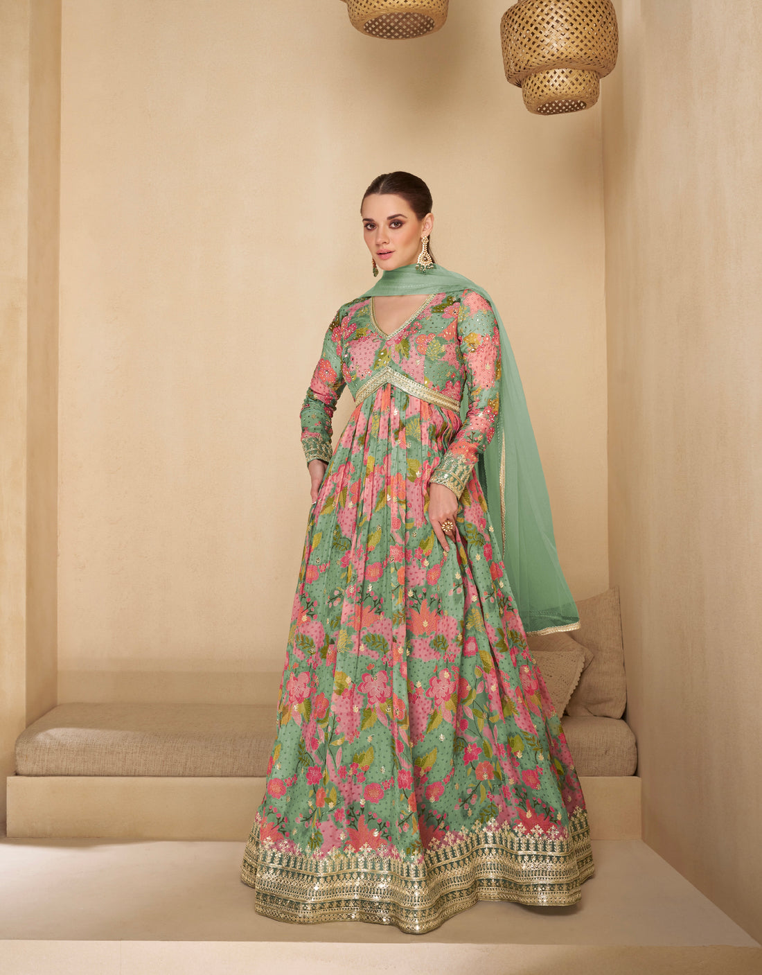 Pastel Green Floral Embroidered Real Georgette Anarkali with Net Dupatta