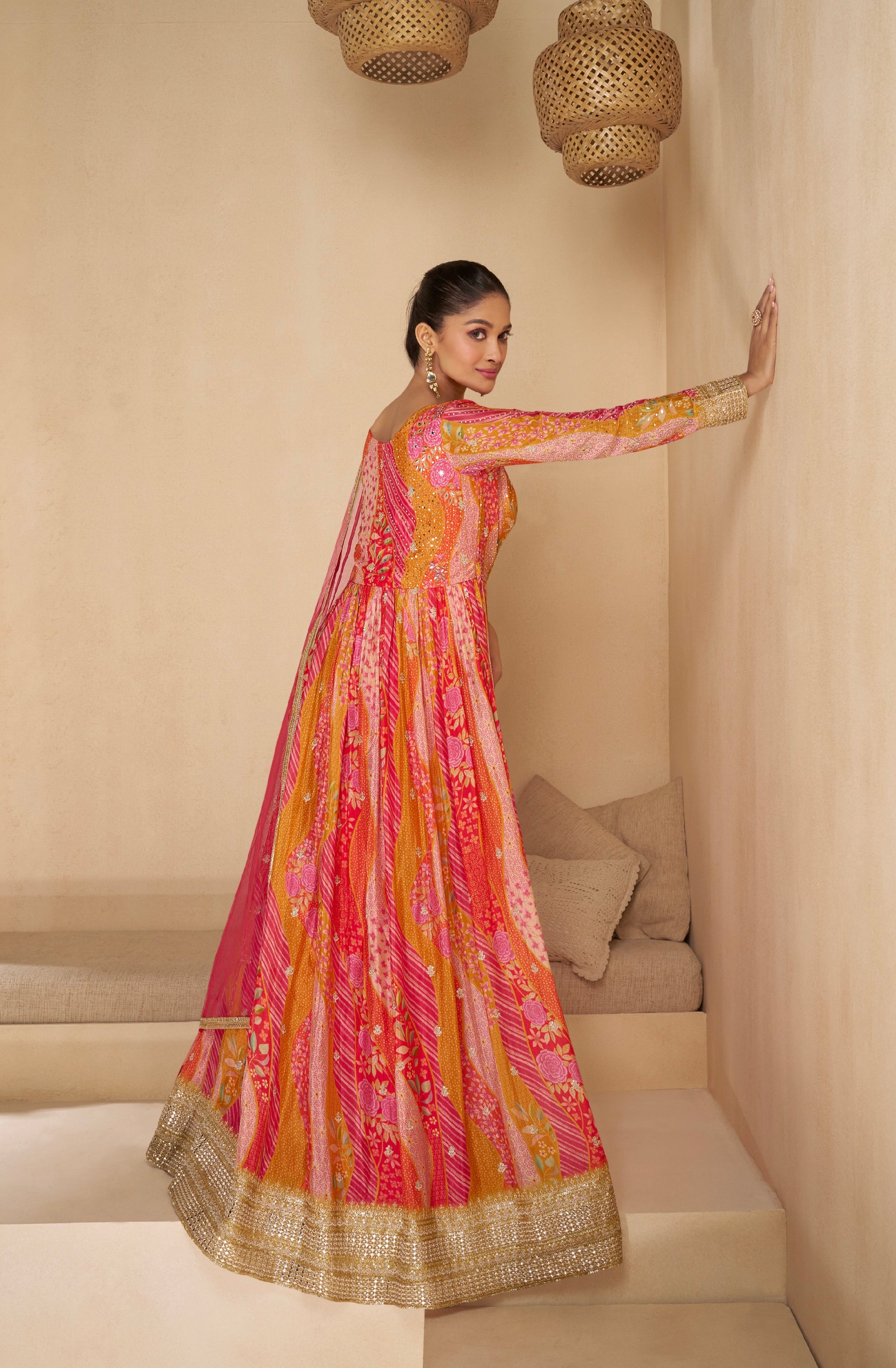 Pink and Orange Patterned Embroidered Real Georgette Anarkali with Net Dupatta