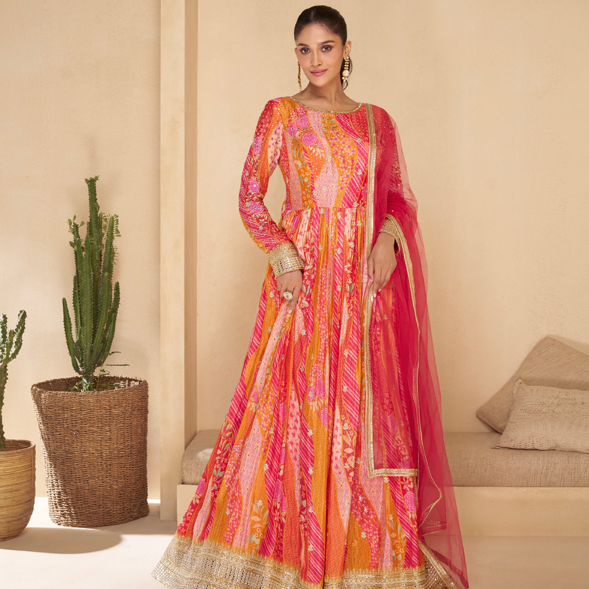 Pink and Orange Patterned Embroidered Real Georgette Anarkali with Net Dupatta