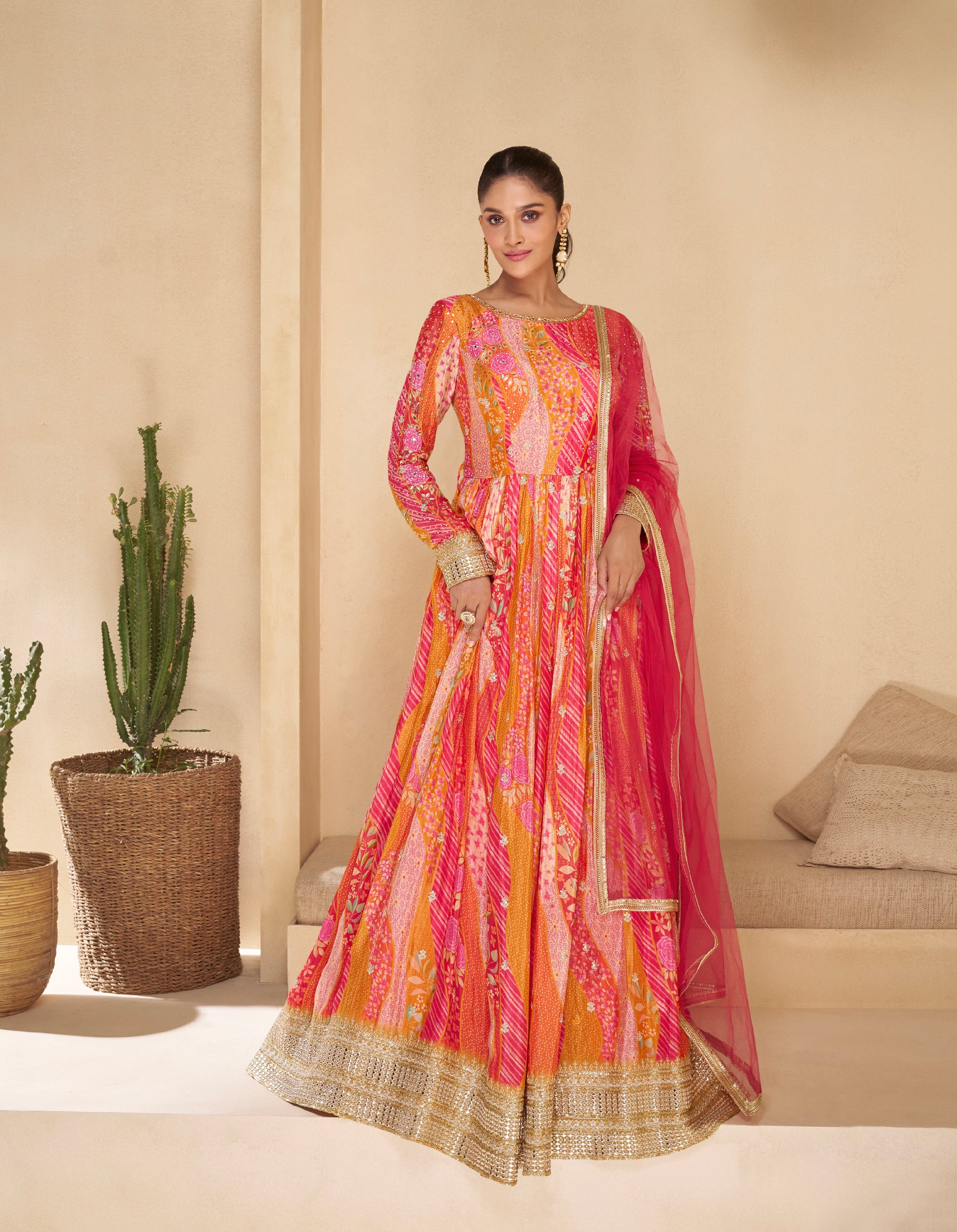 Pink and Orange Patterned Embroidered Real Georgette Anarkali with Net Dupatta