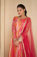 Pink and Orange Patterned Embroidered Real Georgette Anarkali with Net Dupatta