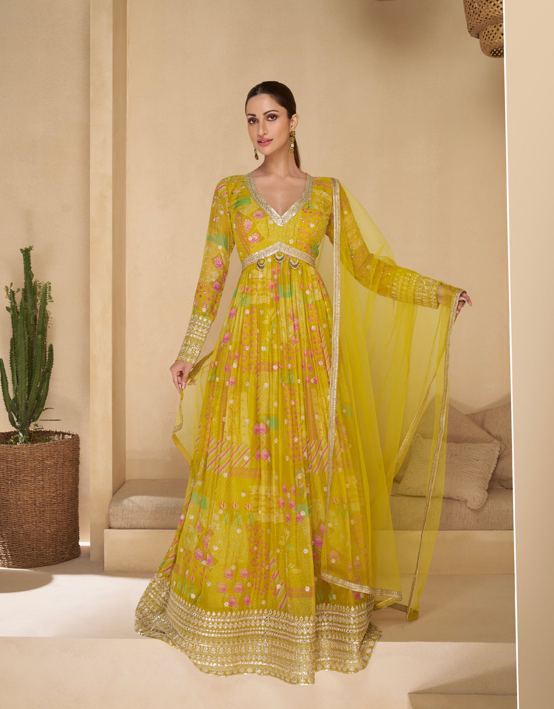 Yellow Floral Embroidered Real Georgette Anarkali with Net Dupatta