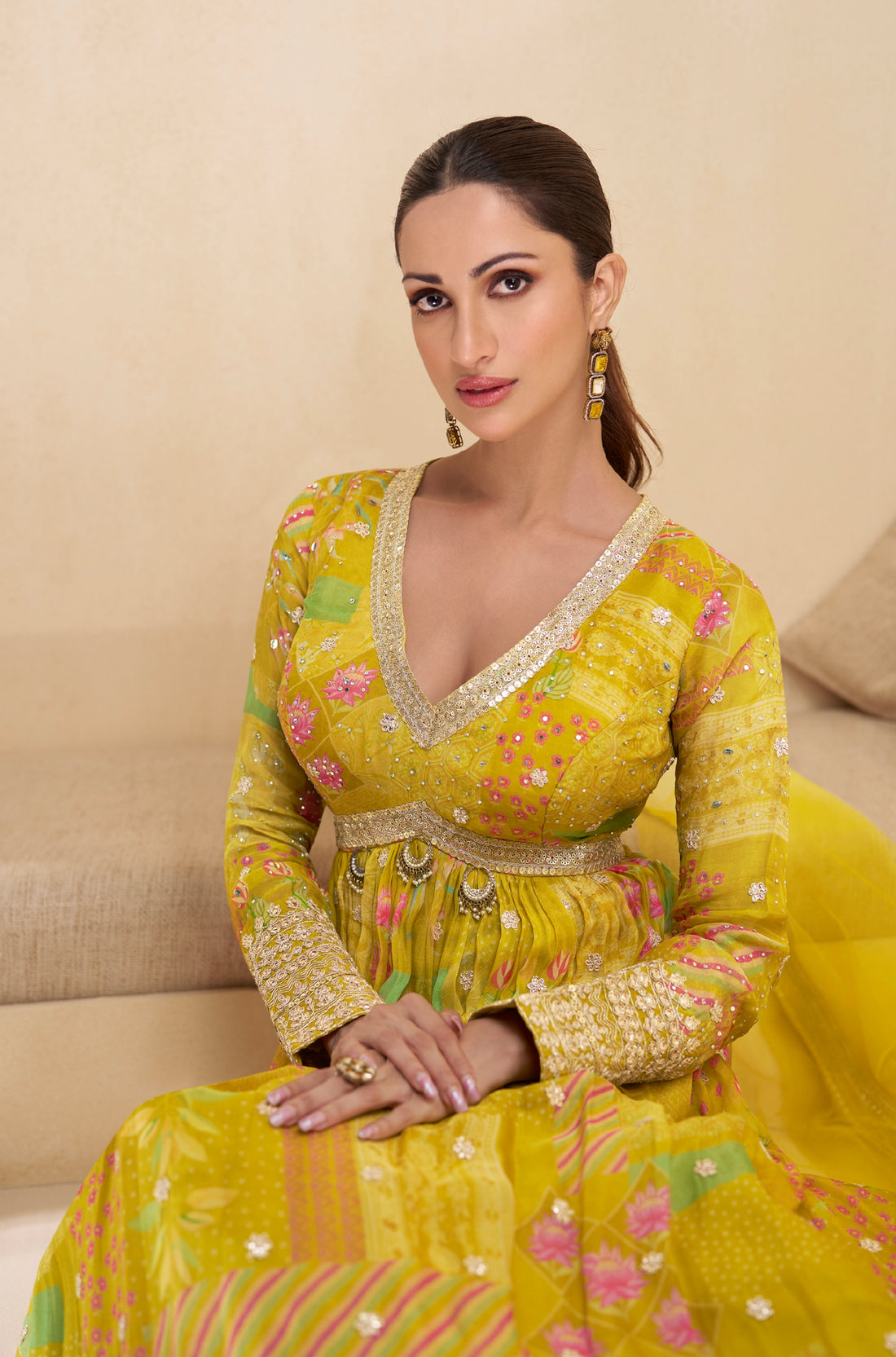 Yellow Floral Embroidered Real Georgette Anarkali with Net Dupatta