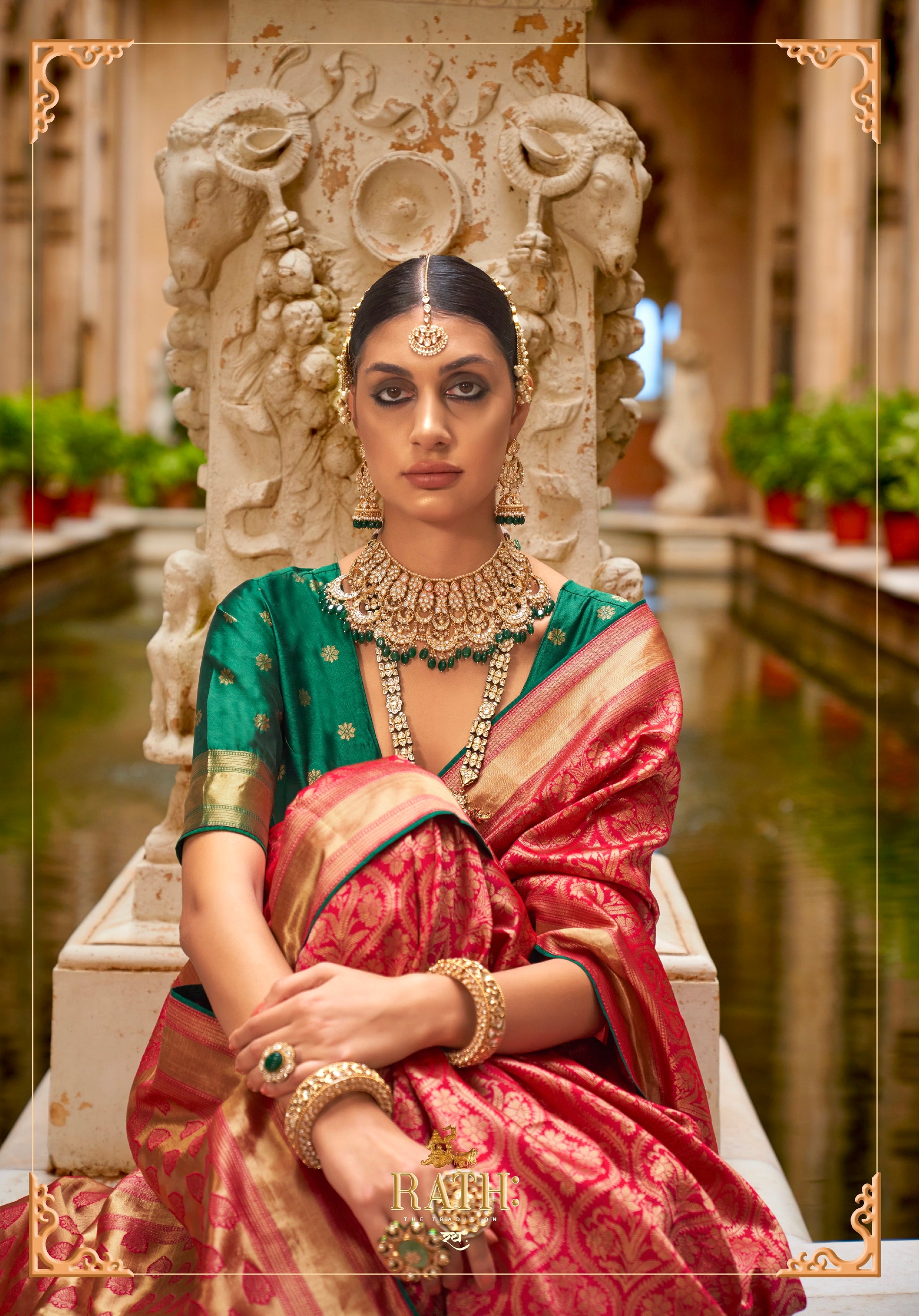 Red and Gold Banarasi Silk Saree with Jacquard Weaving and Blouse