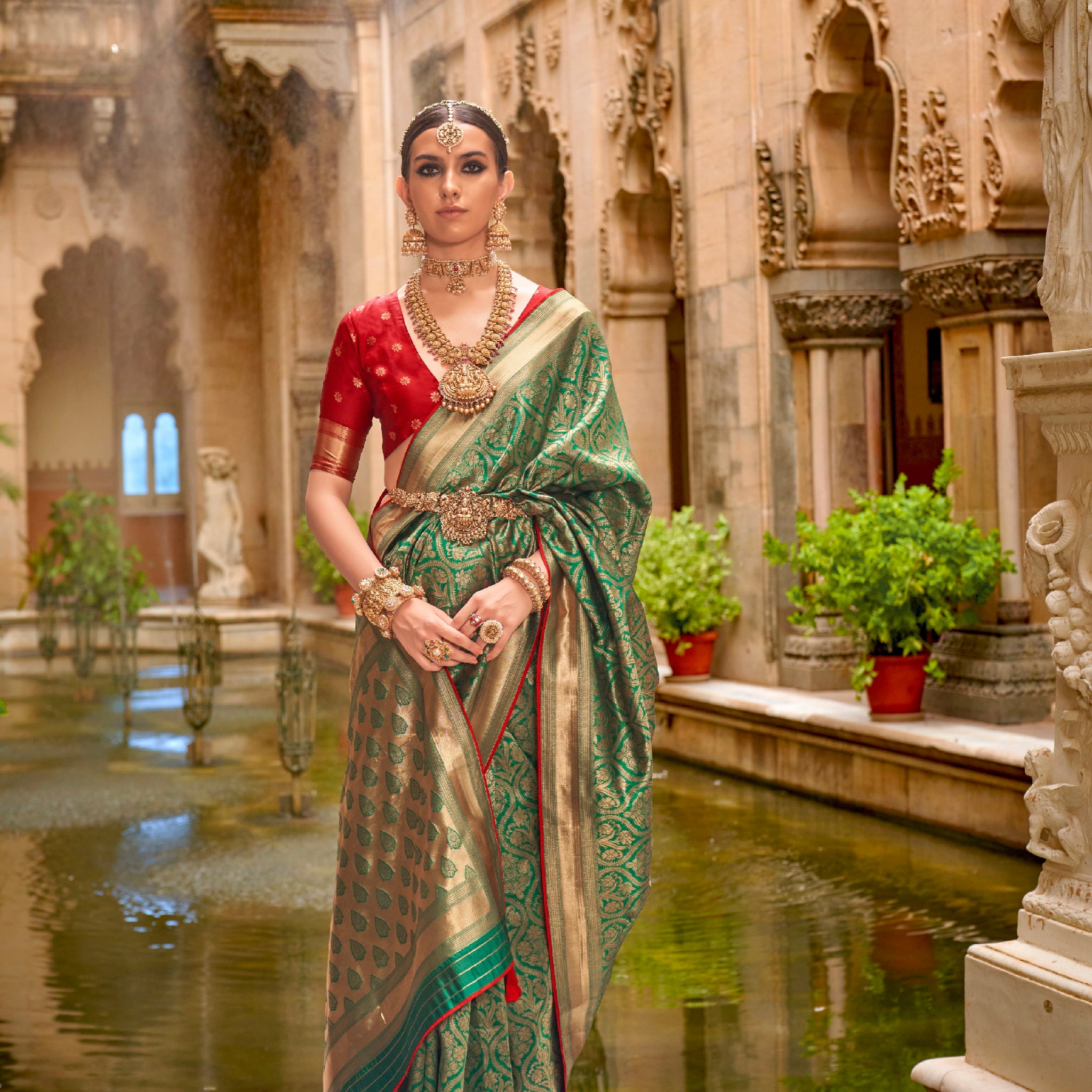 Green and Gold Banarasi Silk Saree with Red Border and Jacquard Weaving