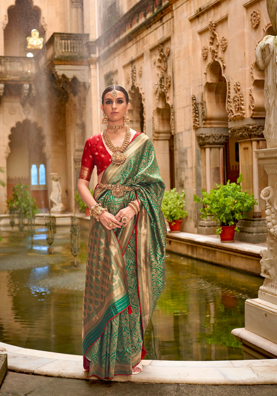 Green and Gold Banarasi Silk Saree with Red Border and Jacquard Weaving